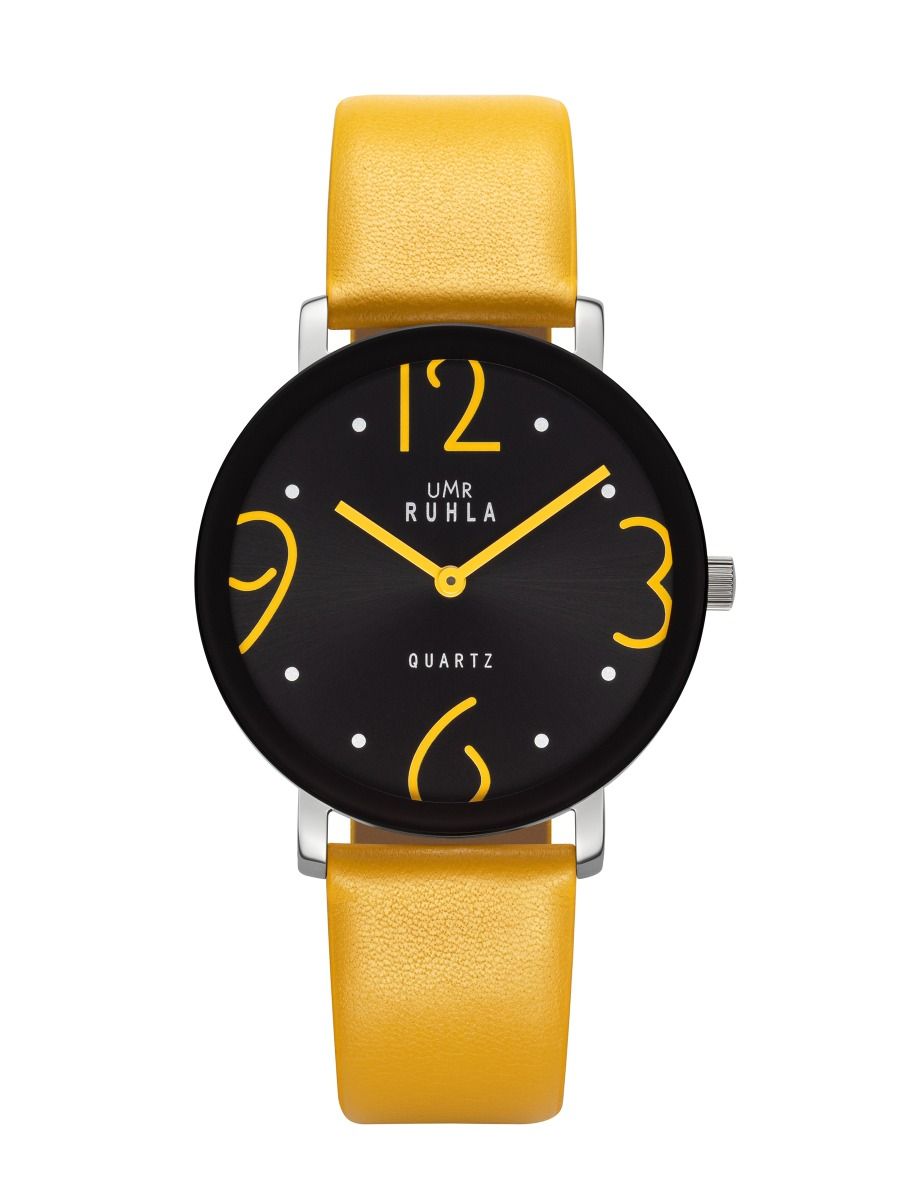 Montre-bracelet UMR RUHLA avec cadran noir, bracelet en cuir jaune et aiguilles jaunes