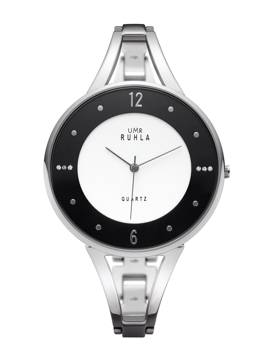 Montre-bracelet avec bracelet en métal argenté et cadran rond noir et blanc, index en strass