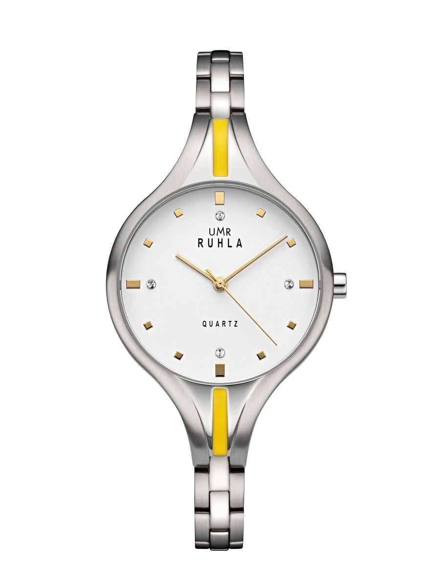 Montre pour femme, bracelet argenté, cadran blanc avec accents jaunes