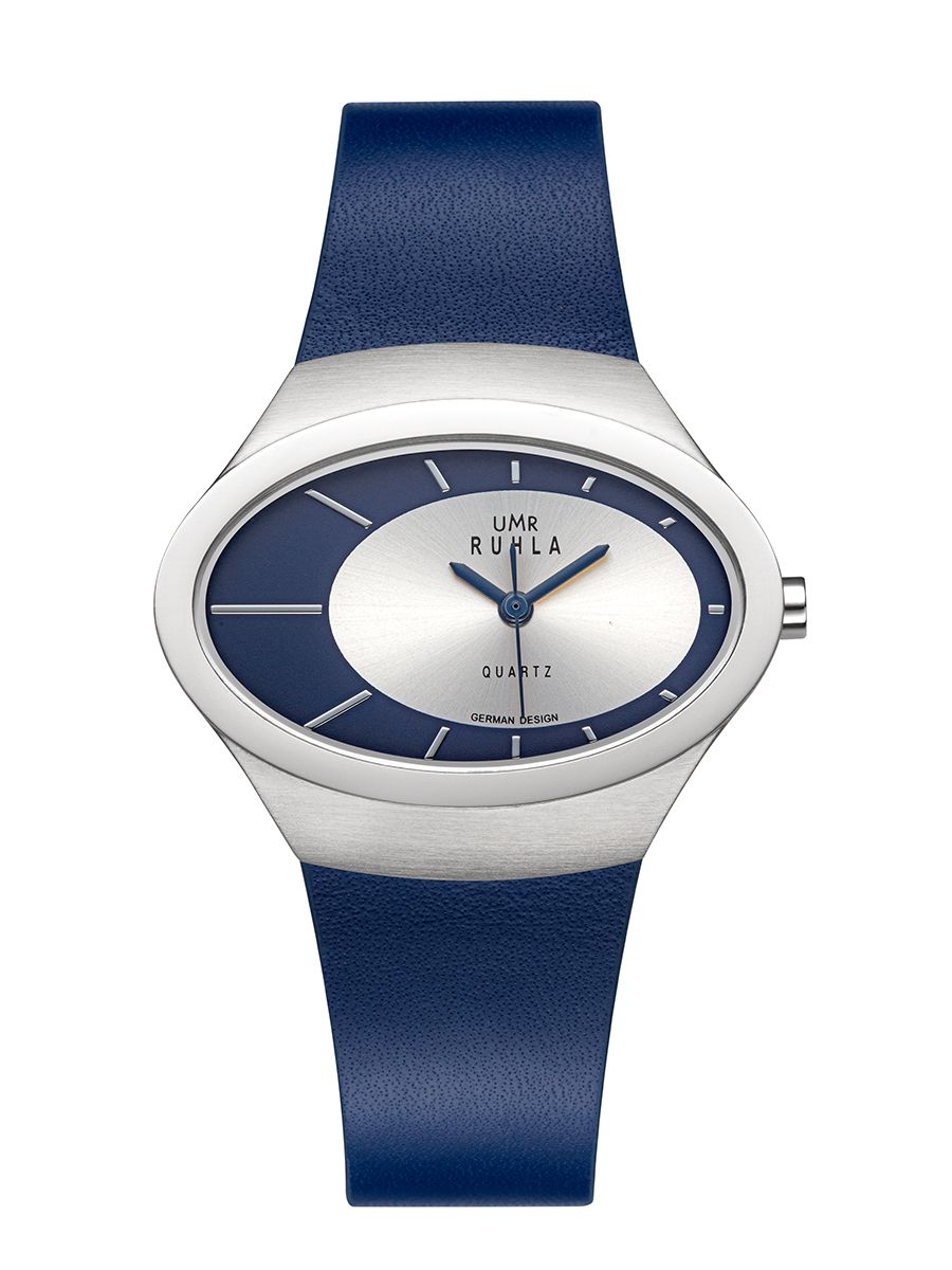 Montre pour femme avec bracelet en cuir bleu foncé, boîtier argenté et cadran bleu et blanc