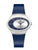 Montre pour femme avec bracelet en cuir bleu foncé, boîtier argenté et cadran bleu et blanc