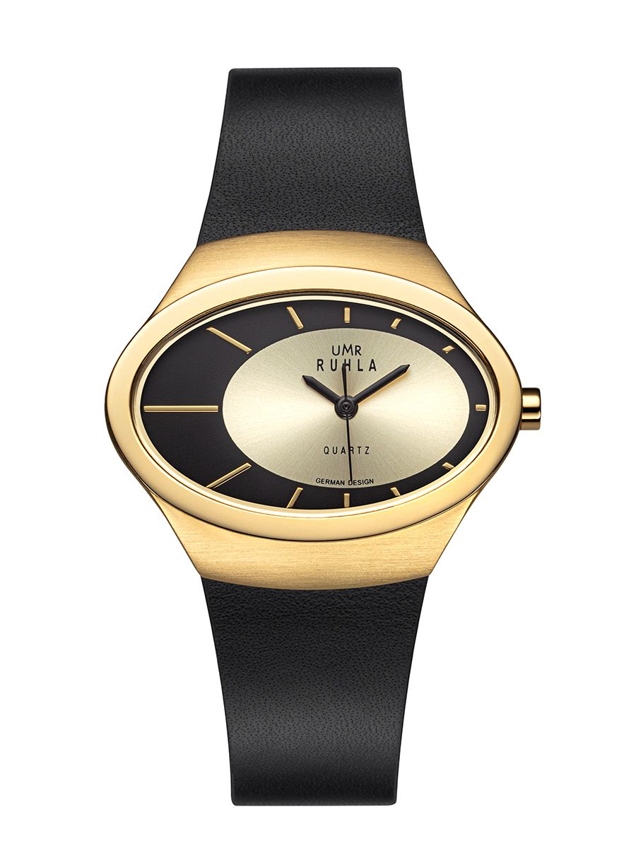 Montre pour femme UMR Ruhla : bracelet en cuir noir, boîtier doré, cadran crème