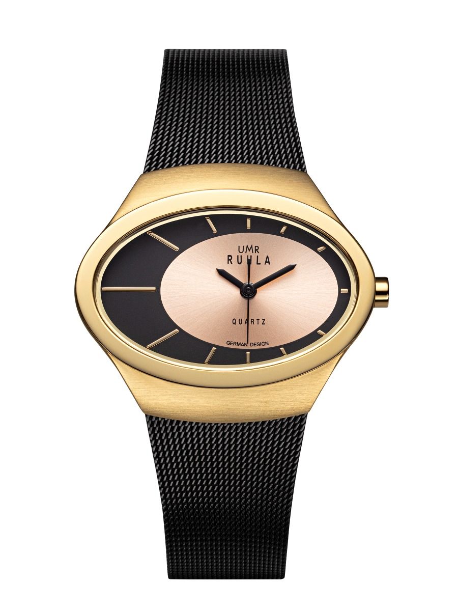 Montre-bracelet avec bracelet en maille milanaise noir et boîtier doré, cadran rond