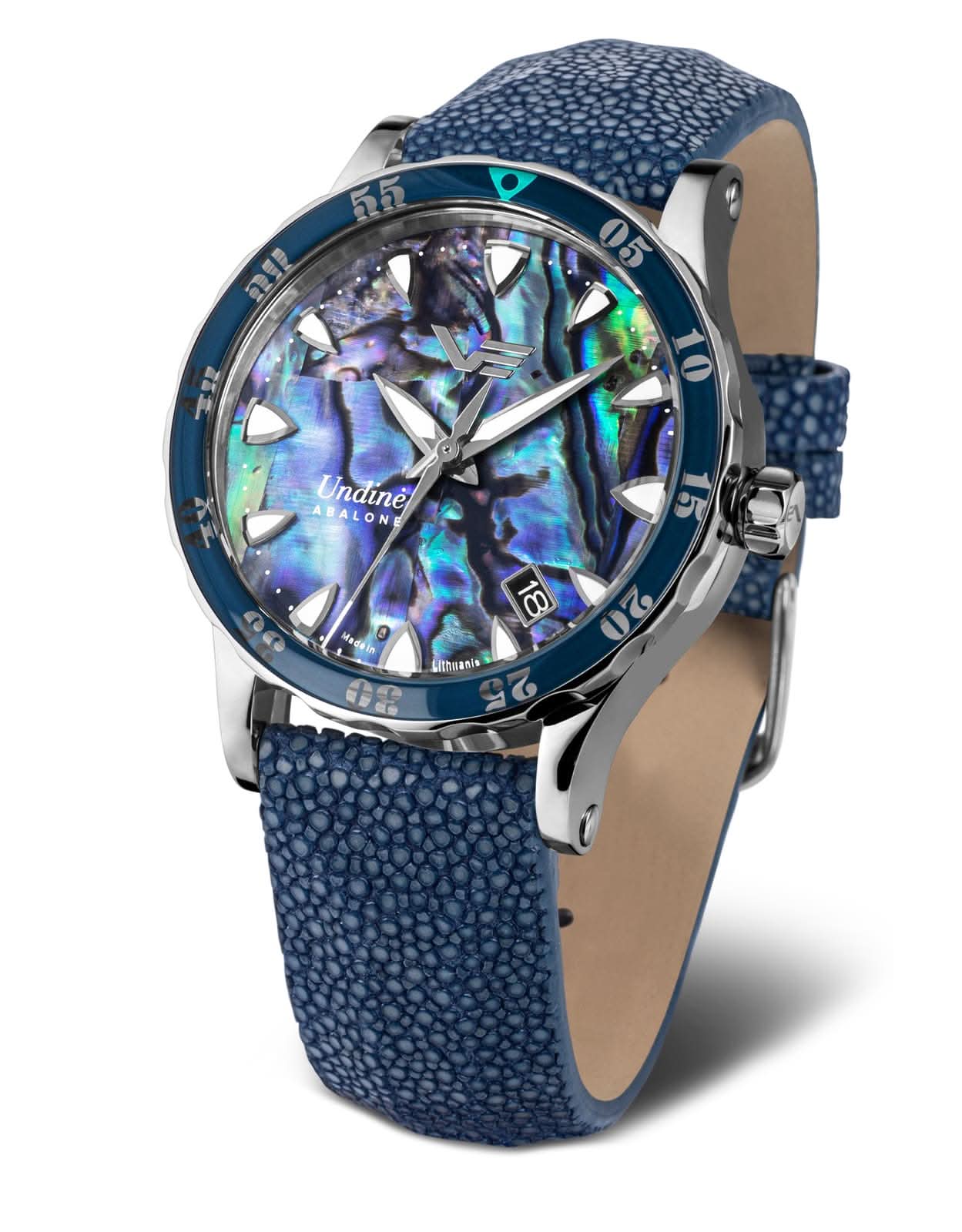 Montre pour femme : bracelet en cuir bleu, lunette bleue, cadran en nacre avec index lumineux