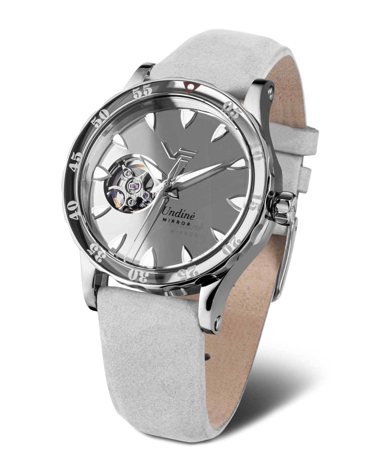 Bracelet de montre pour femme avec bracelet en cuir gris et cadran argenté, boîtier en acier