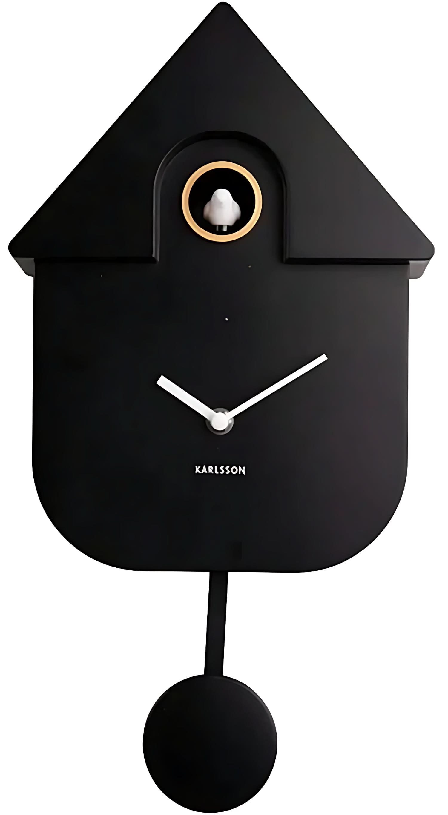 Karlsson Horloge murale en forme de maison, noire, avec aiguilles et balancier rond