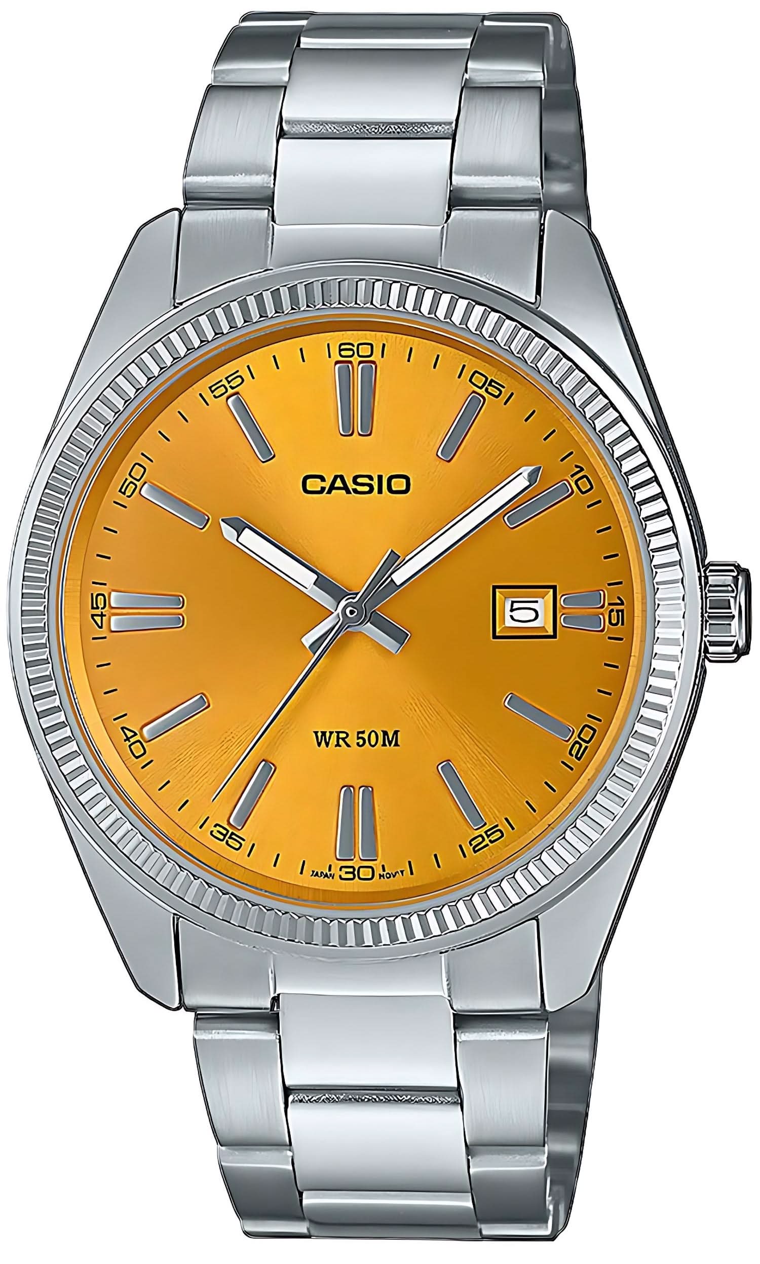Casio Herrenuhr mit gelbem Zifferblatt und silbernem Metallband, analoge Anzeige