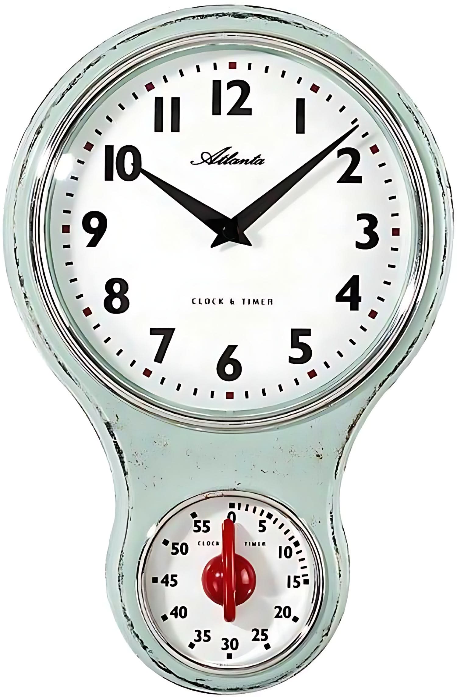 Horloge murale Atlanta avec boîtier vert menthe, cadran blanc et minuteur rouge en bas