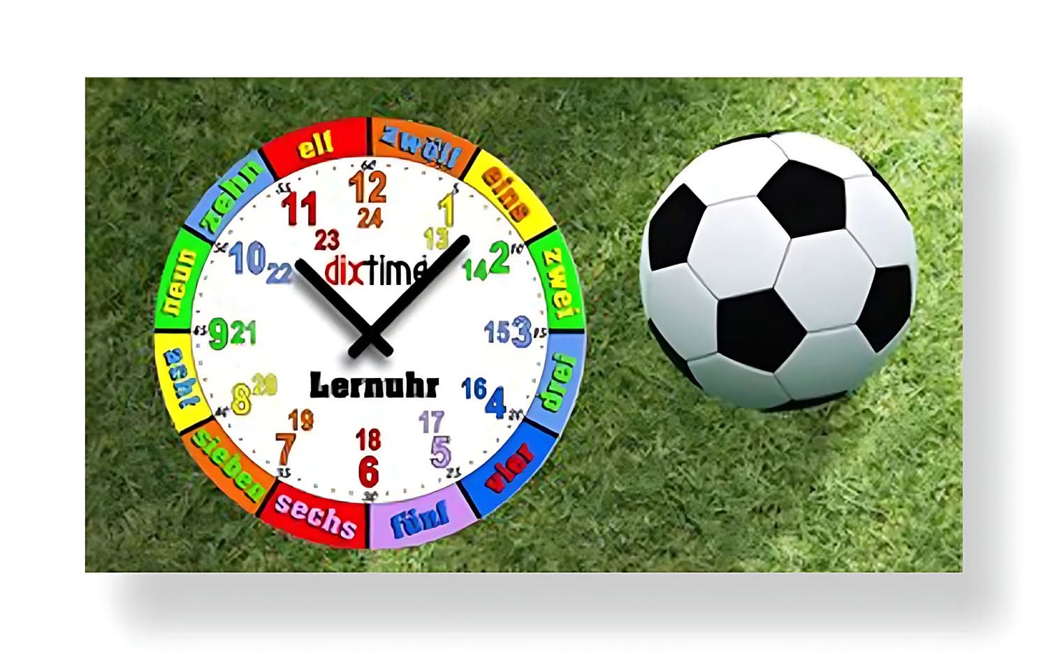 Horloge murale sur le thème du football, chiffres colorés et ballon central