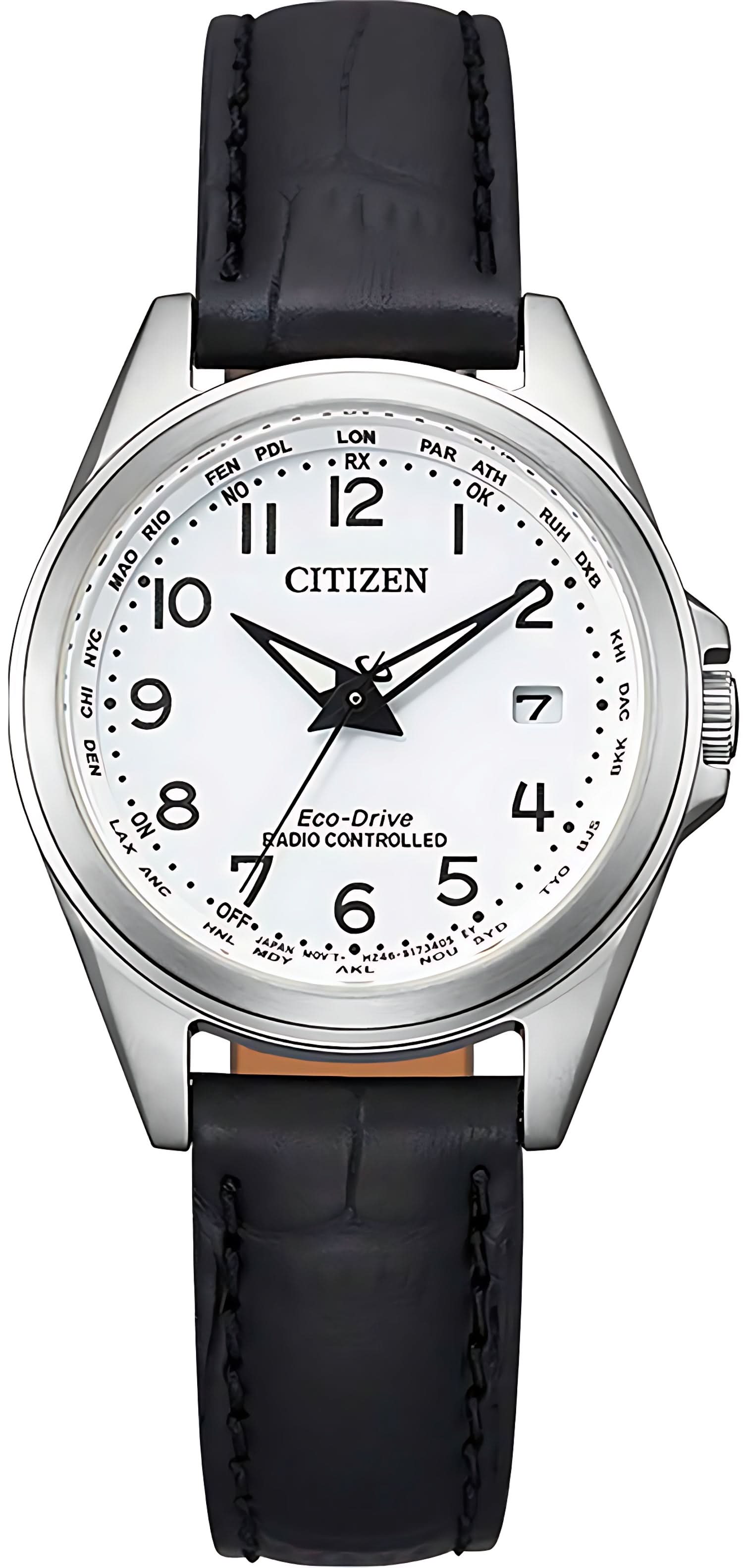 Montre avec bracelet en cuir noir et boîtier argenté, cadran blanc