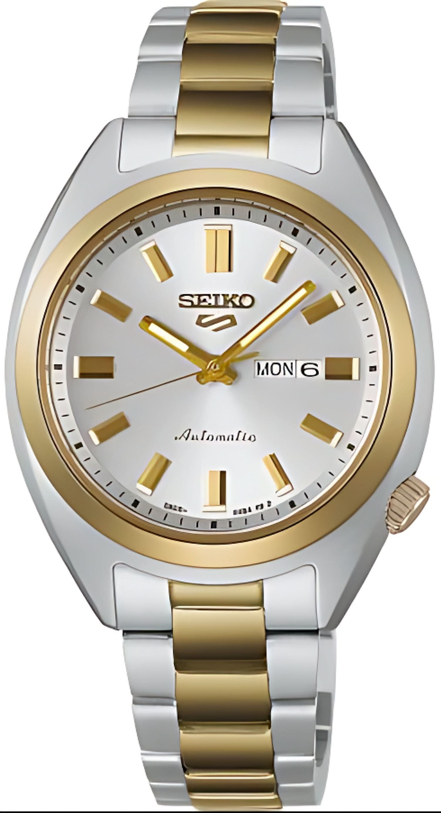 Montre automatique Seiko pour femme avec bracelet bicolore et cadran blanc, affichage de la date