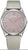 Montre bracelet pour femme avec cadran rose, boîtier argenté et bracelet en cuir gris.