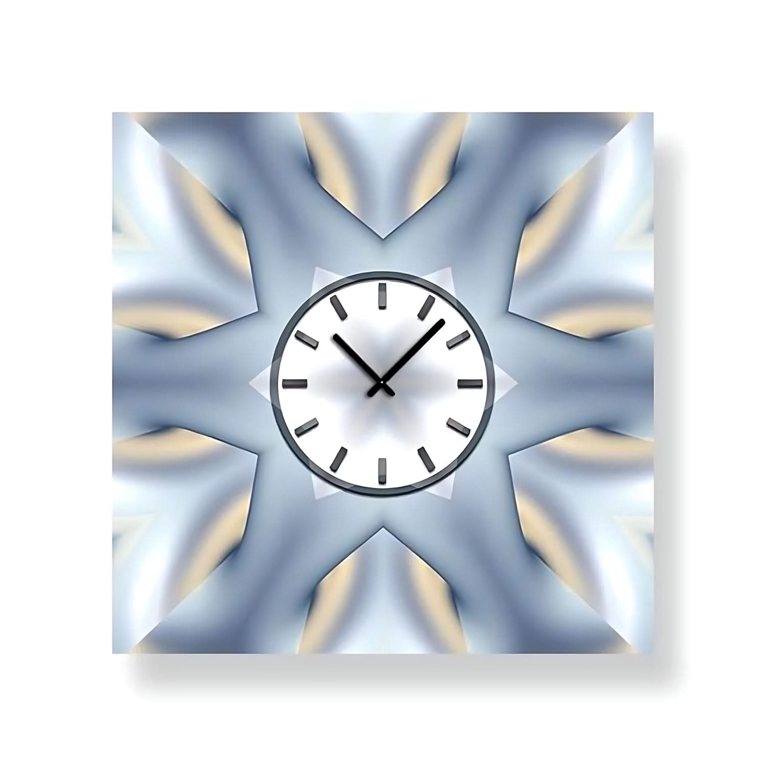 Wanduhr mit rundem Zifferblatt und silbernen Zeigern, umgeben von strahlenförmigem Rahmen