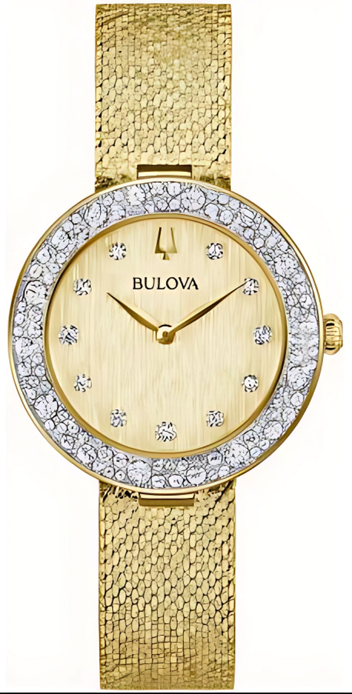 Montre Bulova pour femme avec bracelet milanais doré, cadran rond et pierres scintillantes