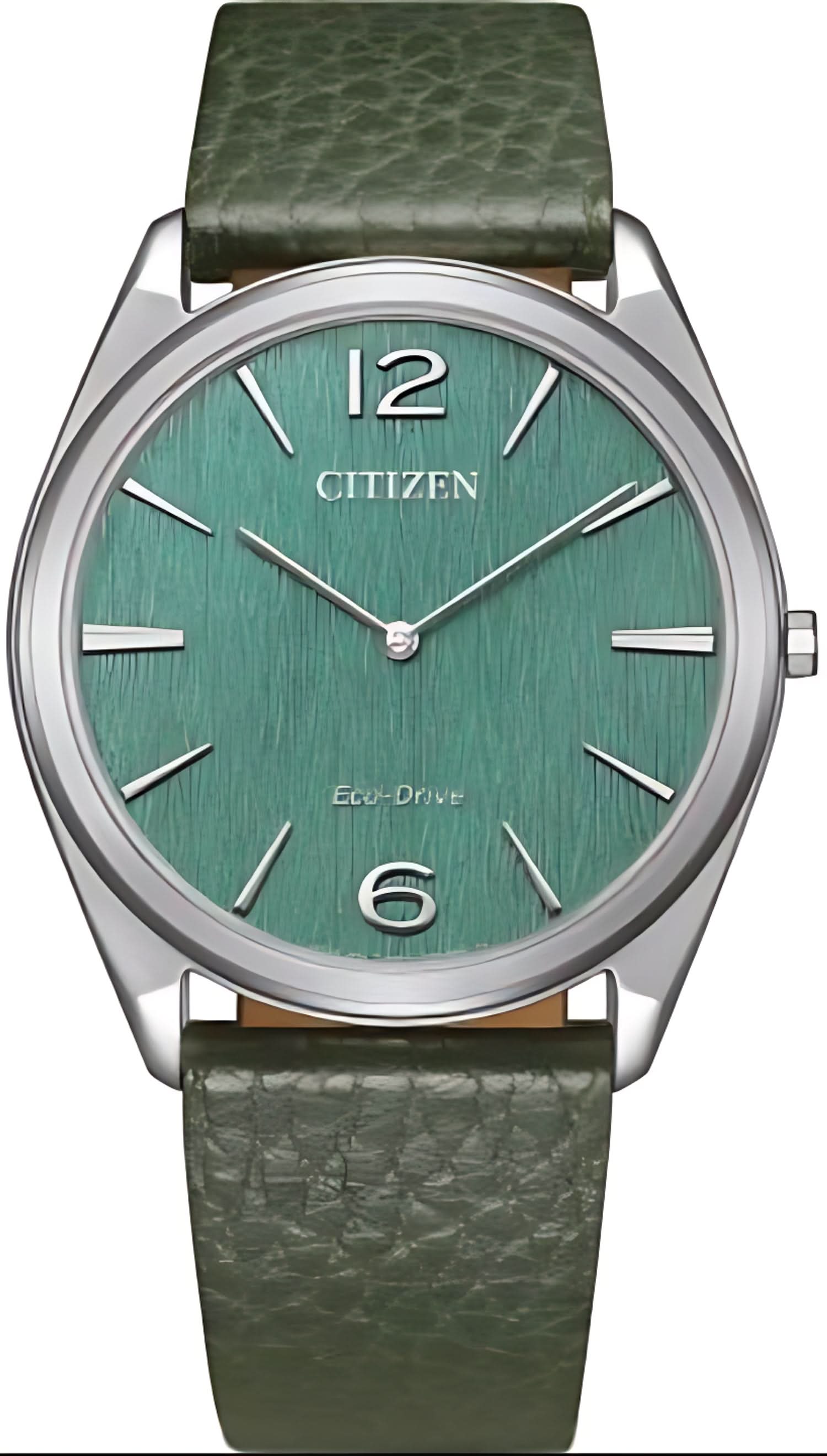 Bracelet de montre pour homme avec cadran vert et bracelet en cuir, boîtier rond argenté