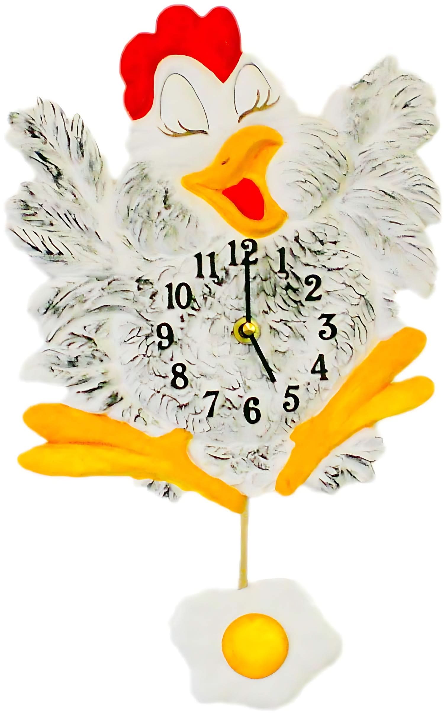 Horloge murale avec canard de dessin animé, tête rouge, bec et ailes orange ; aiguilles dorées