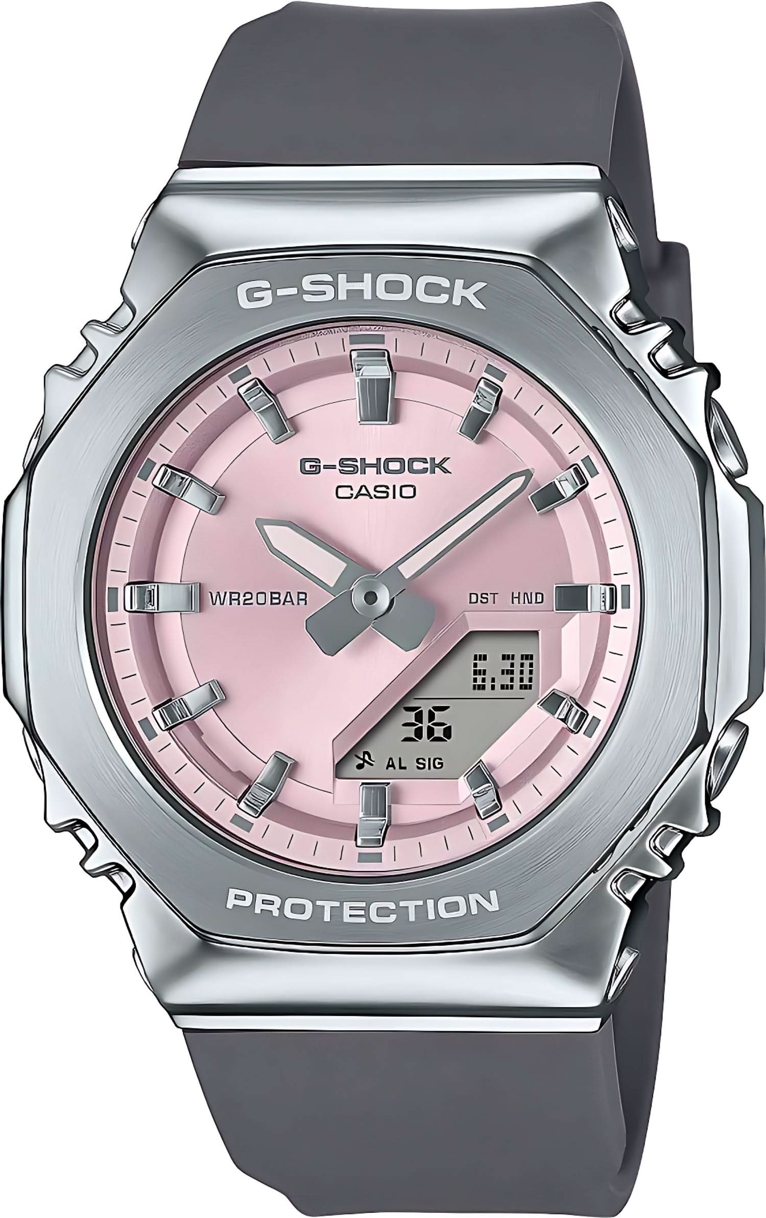 Montre pour femme avec cadran rose et bracelet en caoutchouc gris, boîtier en métal