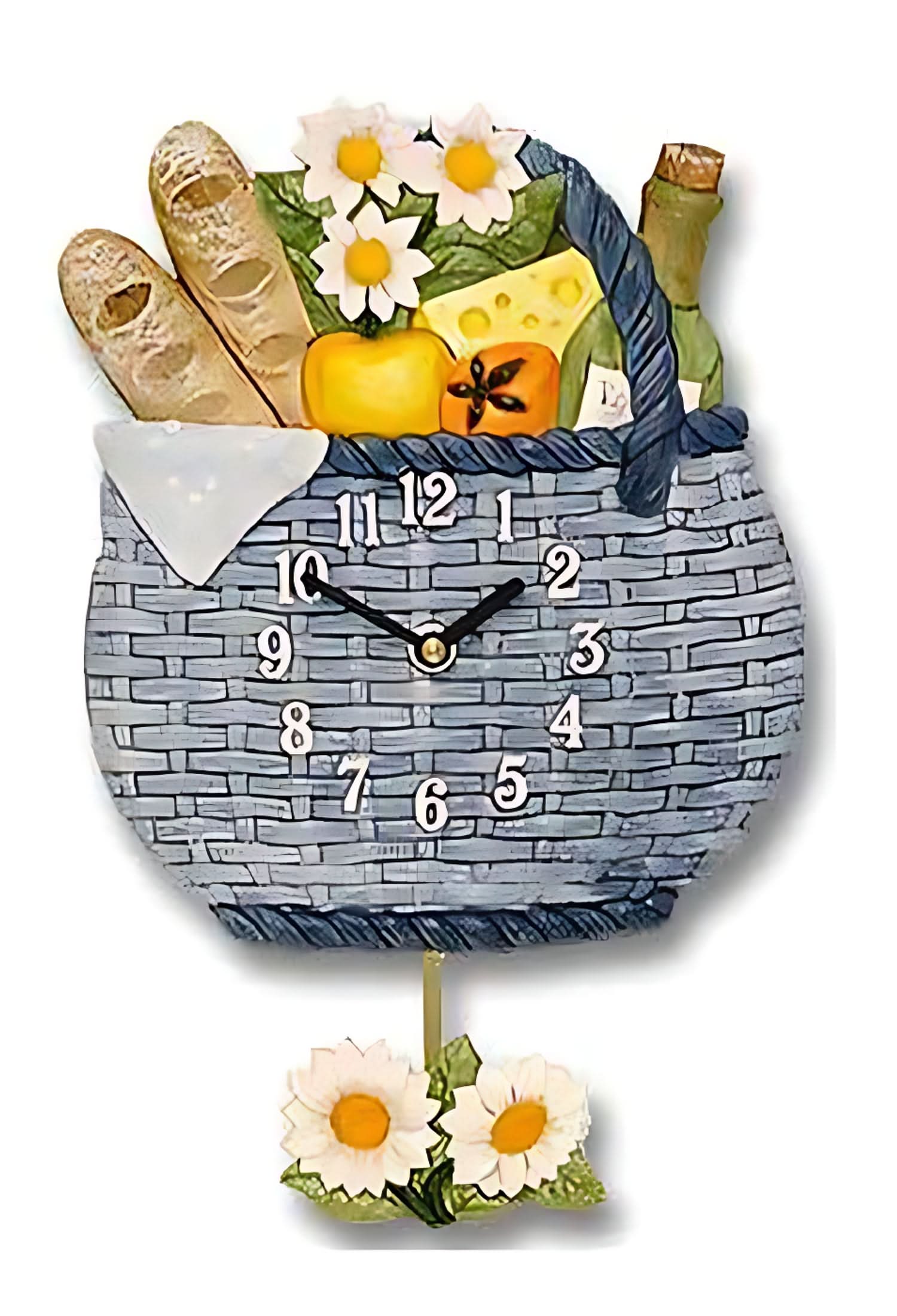 Keramische Wanduhr mit Steinoptik und Blumen-Apfel-Motiv, runde Ziffern und gelben Zeigern.