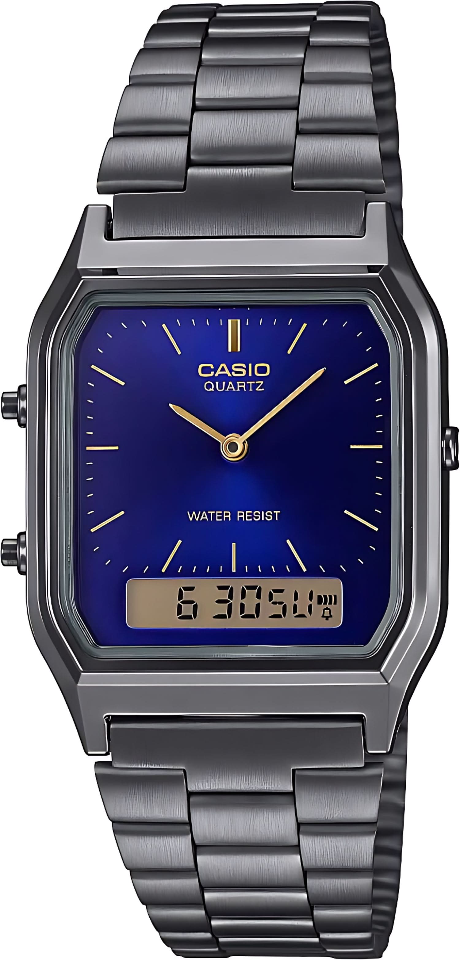 Montre bracelet Casio Quartz pour homme avec cadran bleu, aiguilles dorées et bracelet en acier inoxydable