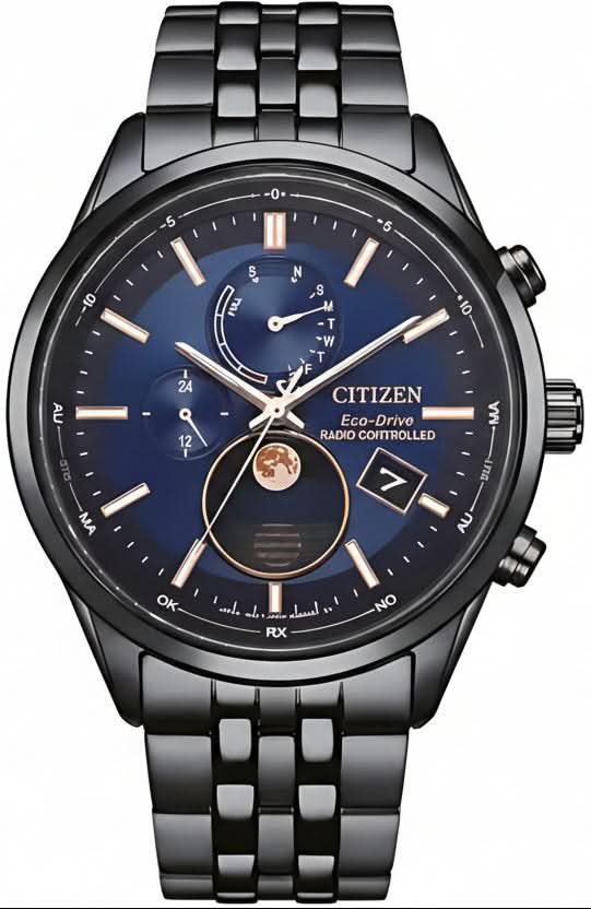 Montre homme avec cadran bleu, bracelet en acier inoxydable et sous-cadran phases de lune