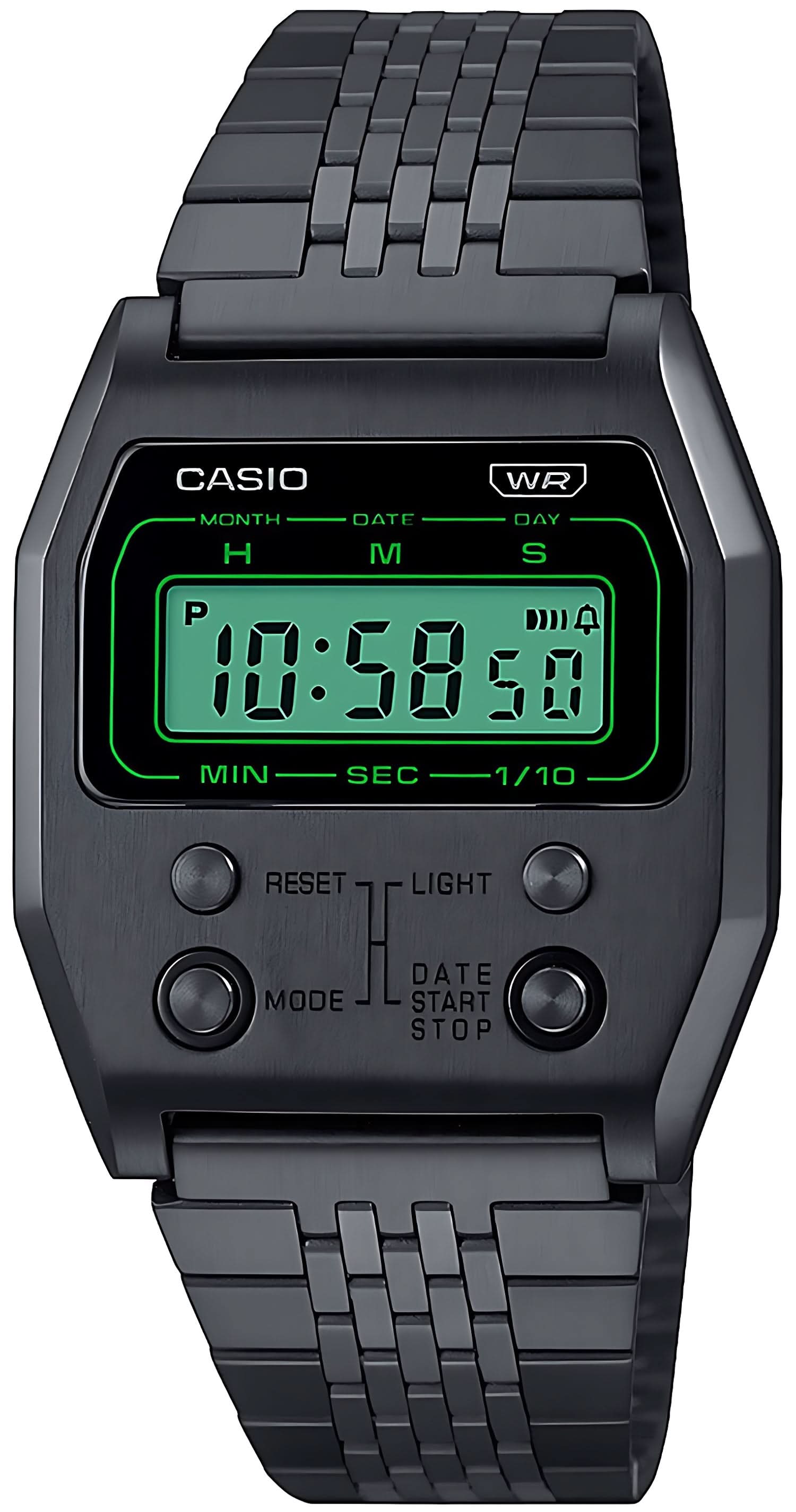Casio Vintage A1100B-1EF montre avec bracelet métallique noir et écran LCD numérique vert, boutons