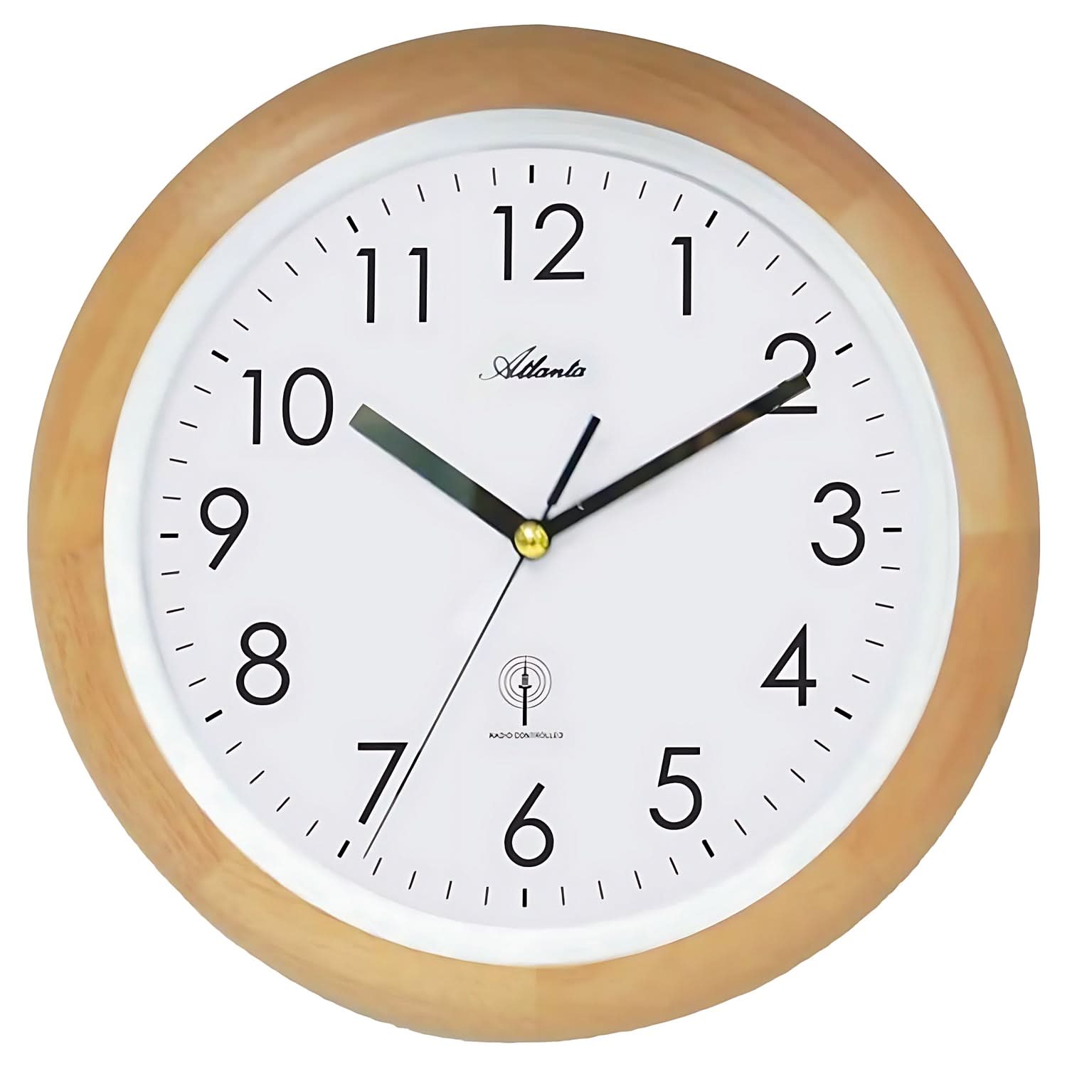 Horloge murale radio-pilotée avec cadre en bois, cadran blanc et aiguilles noires