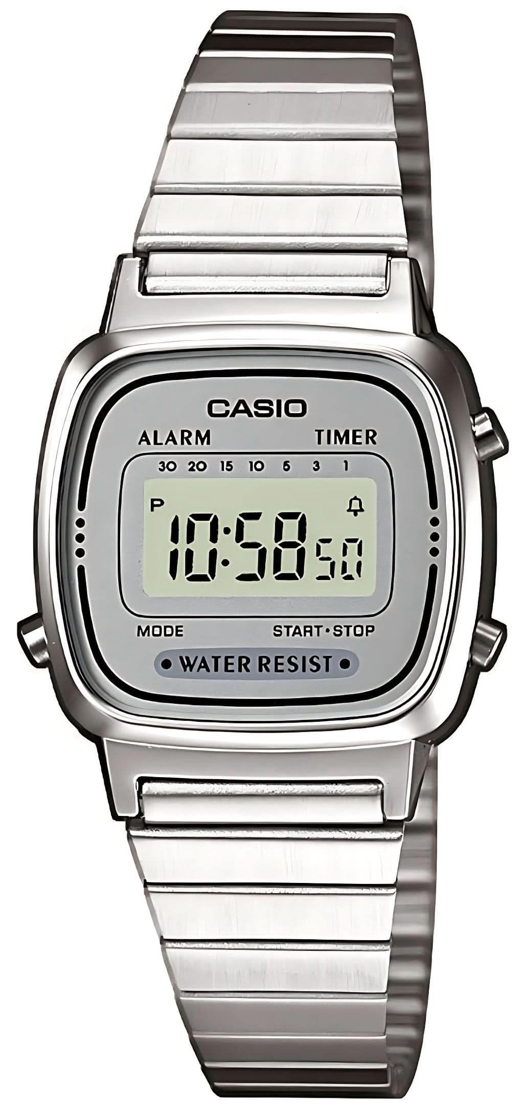 Casio Montre femme avec bracelet en métal argenté et écran LCD rectangulaire