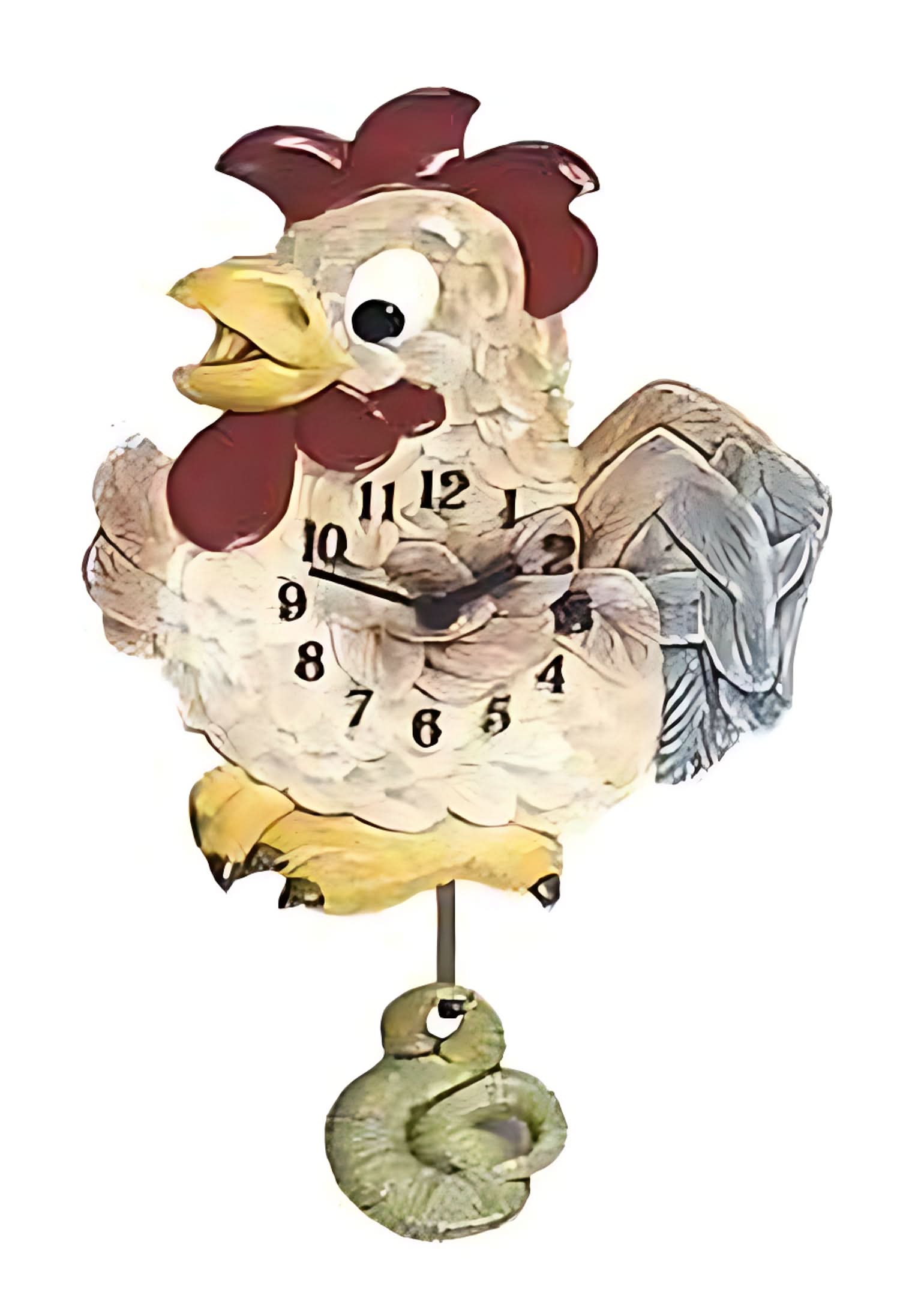 Horloge murale en céramique peinte à la main avec motif d'oiseau, tête rouge, cadran et balancier vert