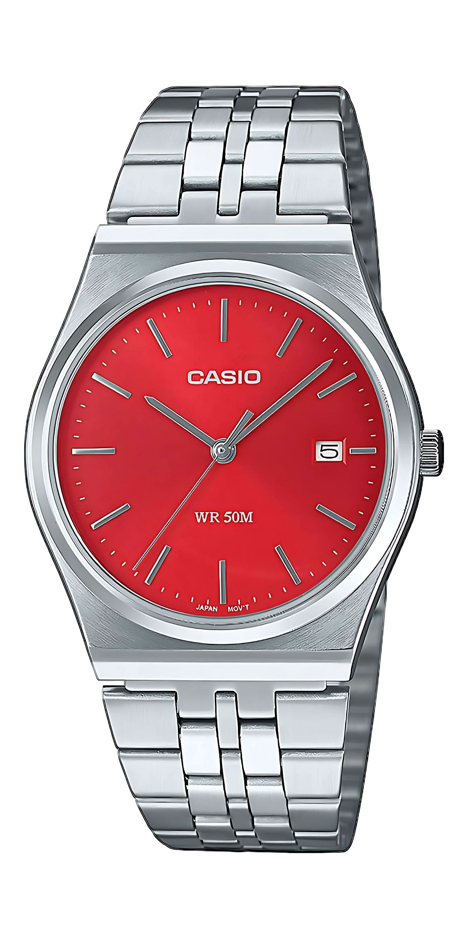 Montre analogique Casio avec bracelet en acier inoxydable, cadran rouge Sunray et chiffres à 5 heures