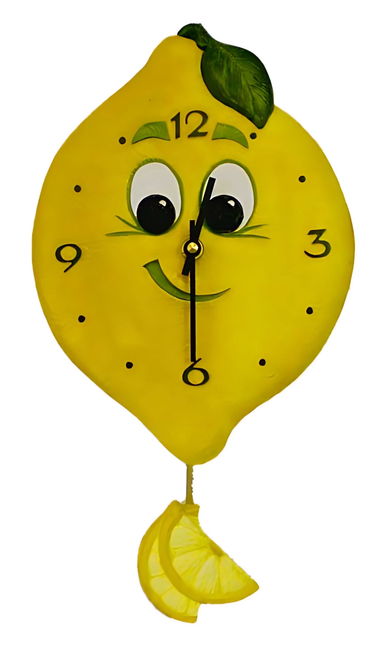 Horloge murale en céramique en forme de citron, jaune, avec des feuilles vertes, des chiffres et des aiguilles
