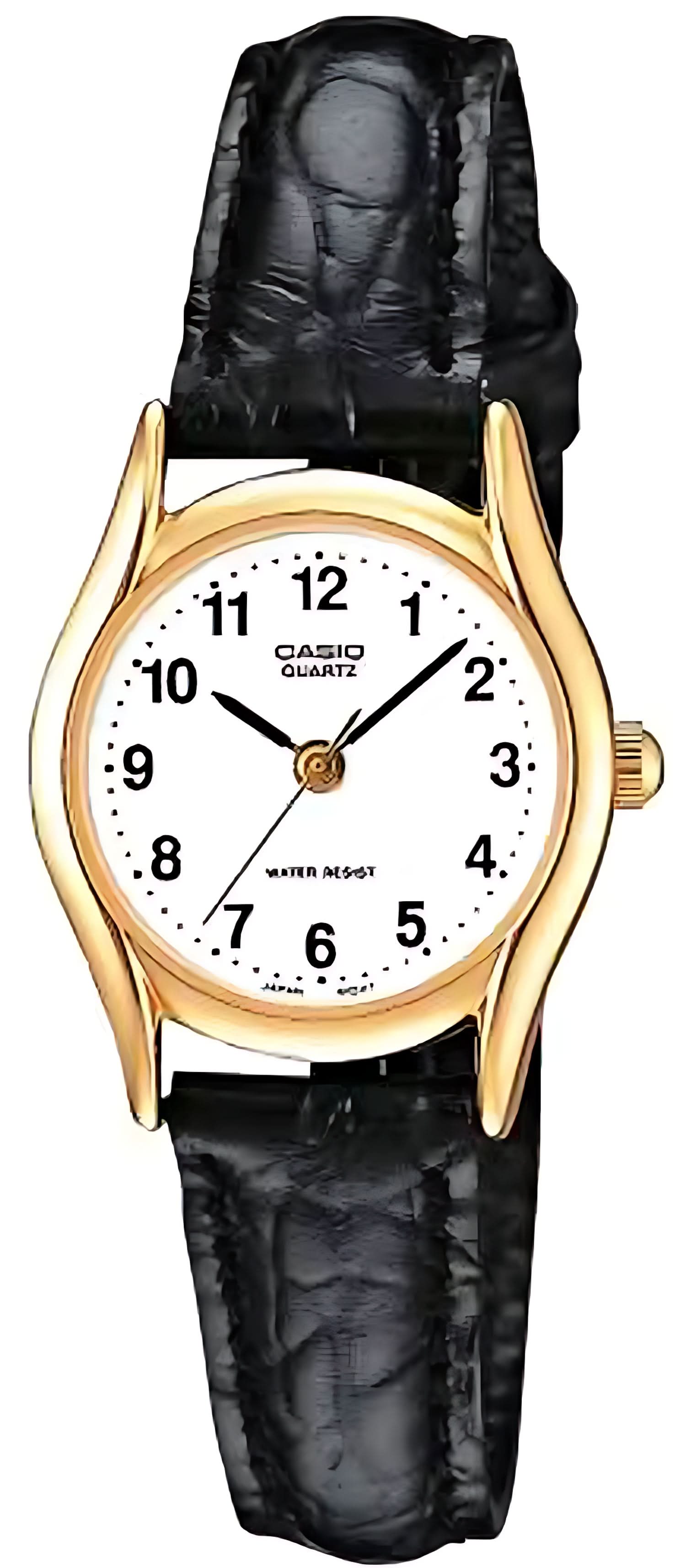 Montre Casio pour femme avec bracelet en cuir noir, boîtier doré et cadran blanc