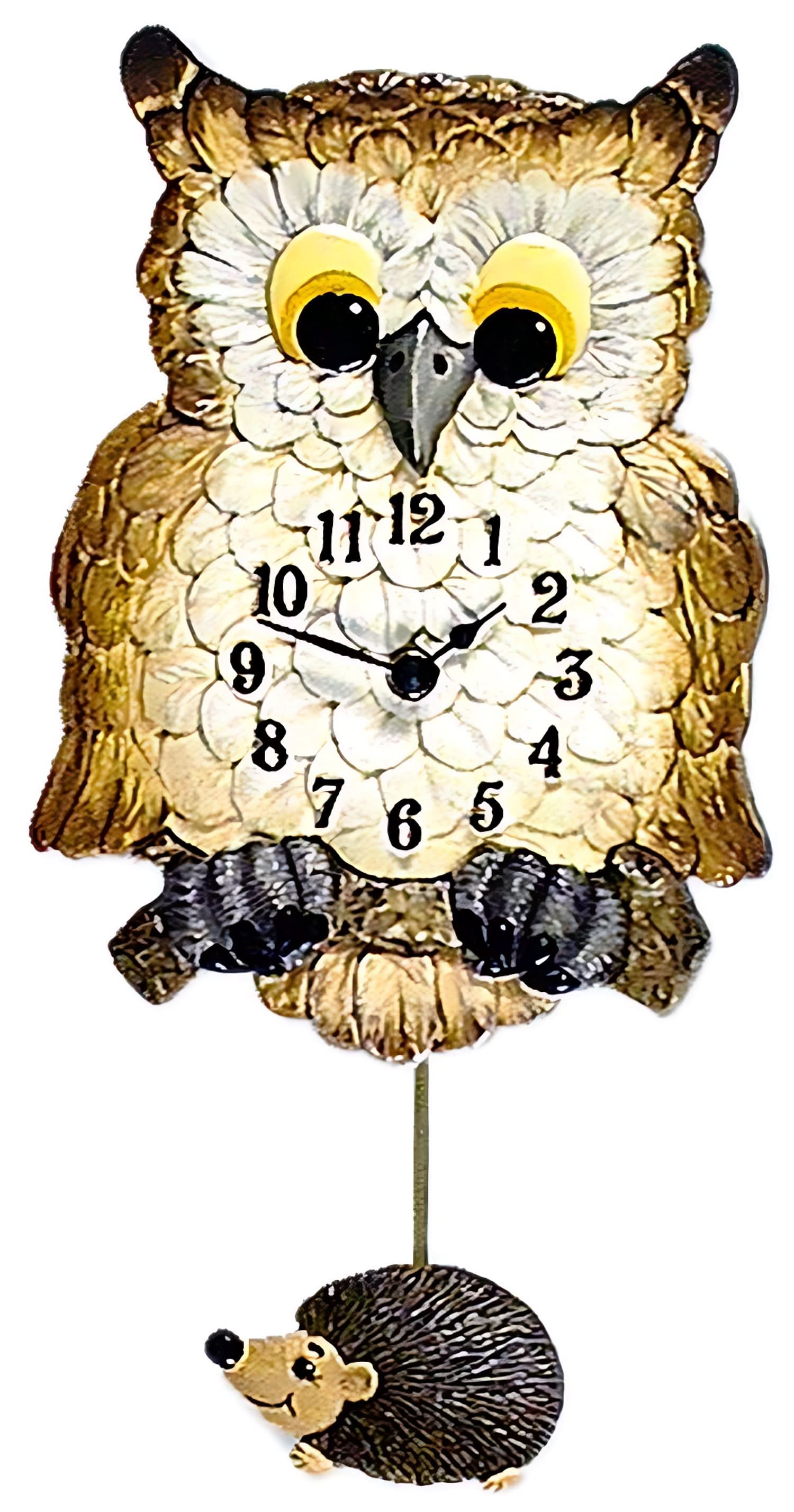 Keramik-Wanduhr mit Eulenmotiv, gelben Augen und Pendelanhänger