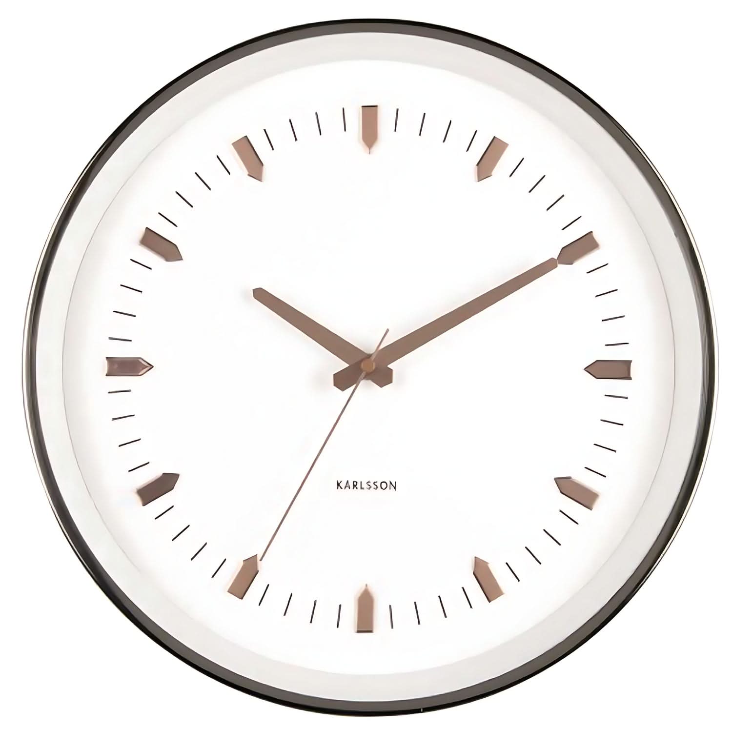 Horloge murale Karlsson avec cadre rond noir, cadran blanc et index or rose