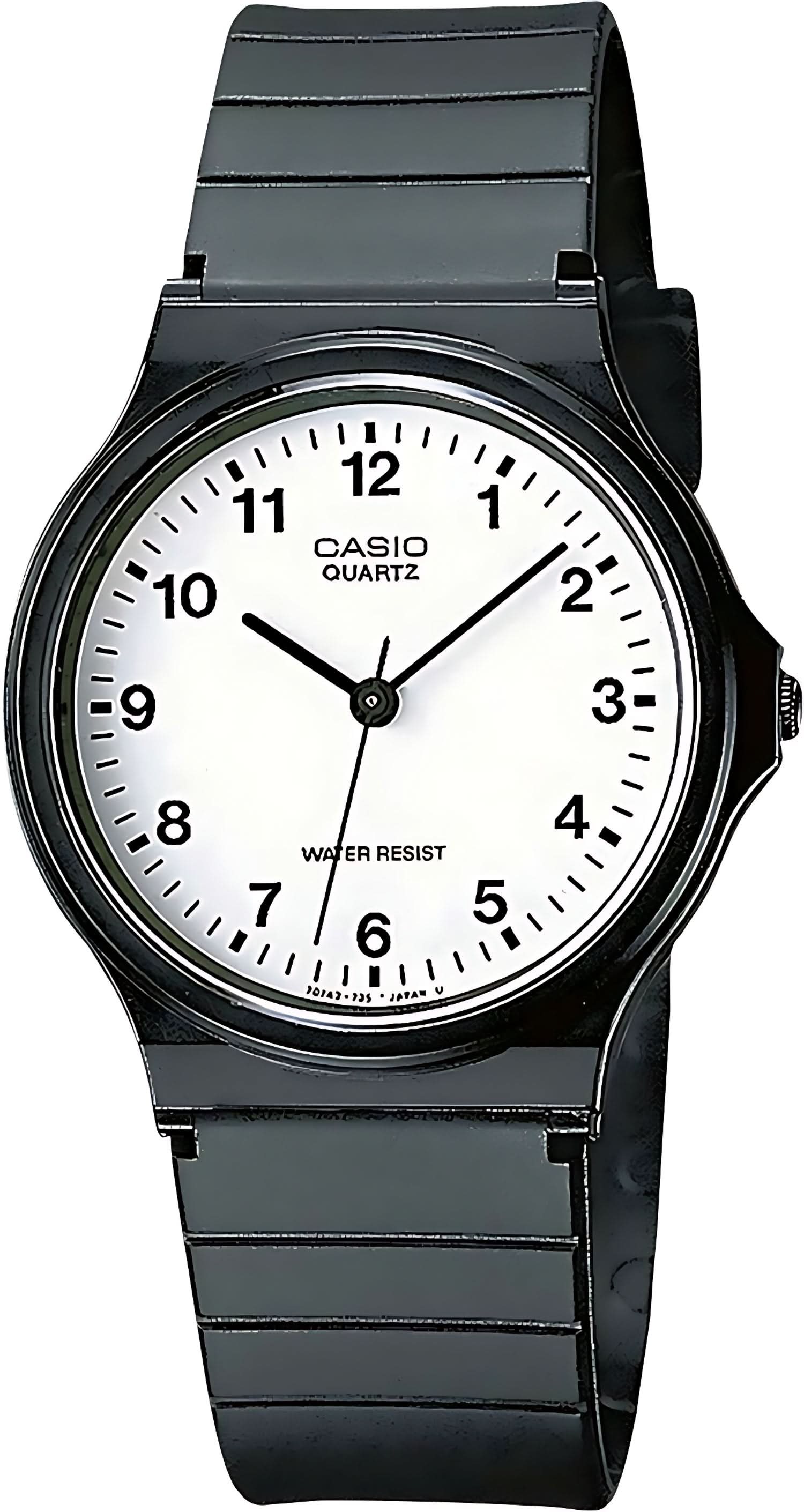 Montre Casio avec bracelet noir, cadran blanc, chiffres arabes et aiguilles