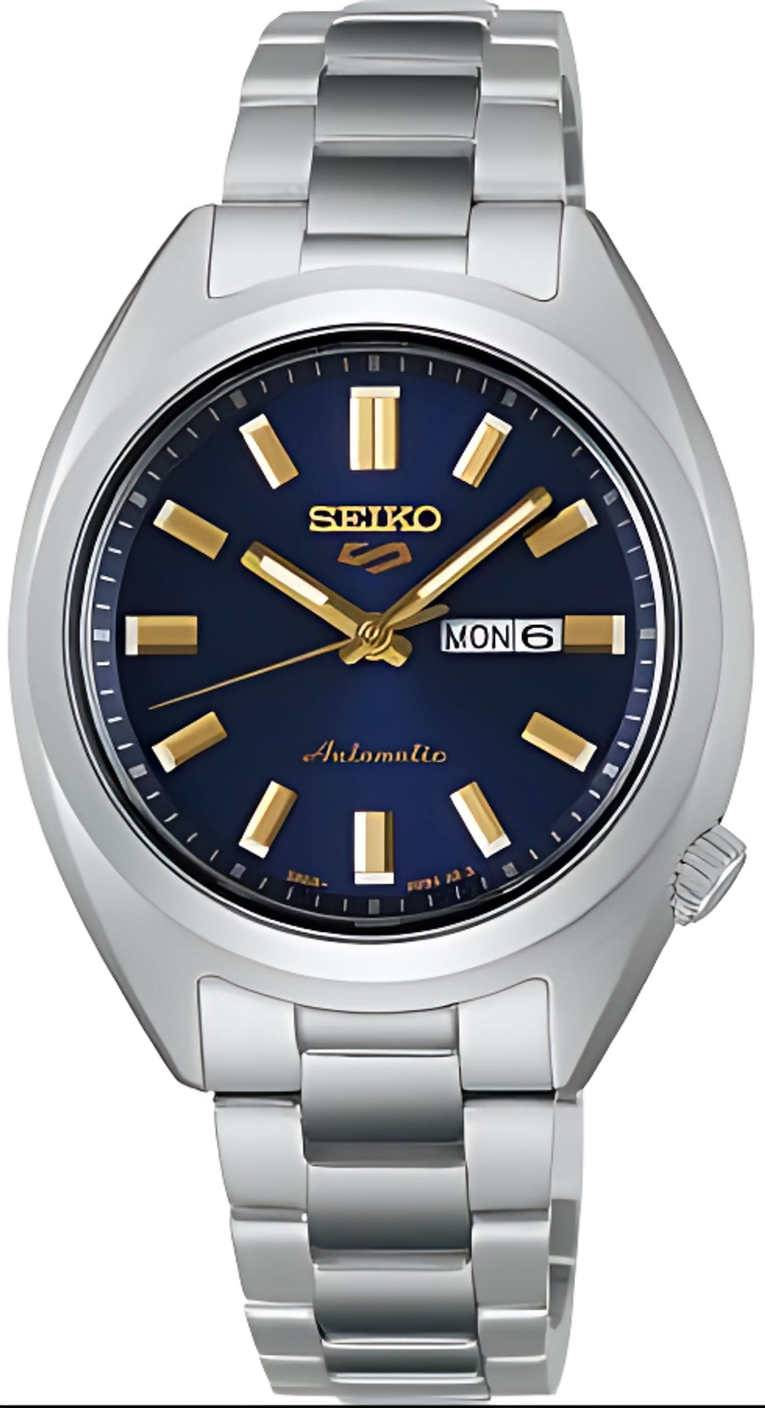 Montre pour femme avec cadran bleu foncé, index dorés et bracelet en acier inoxydable