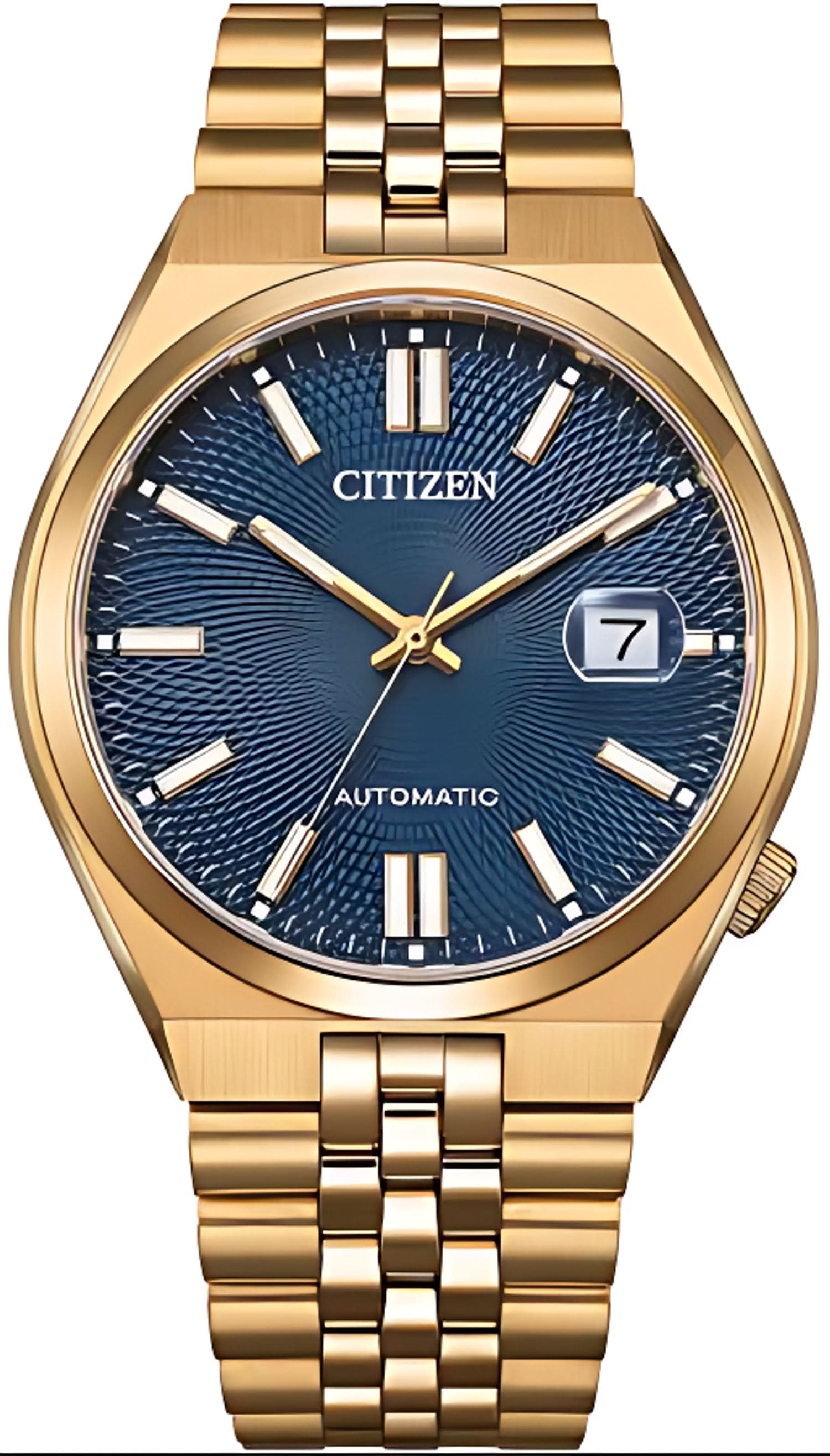 Montre homme : bracelet en acier inoxydable doré, cadran bleu, date à 7h