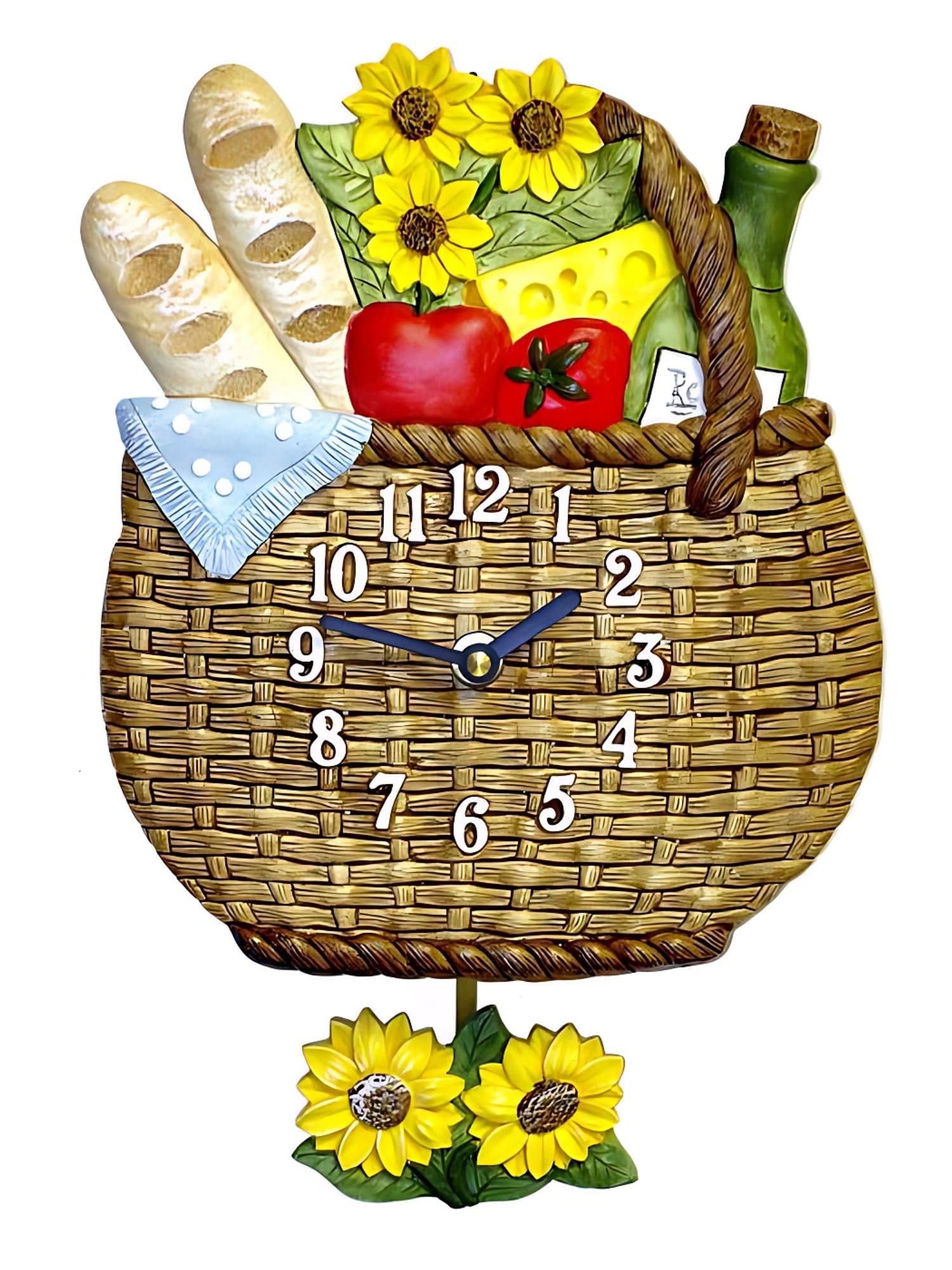 Horloge murale en céramique avec chiffres romains en forme de panier, décorée de fleurs et de fruits