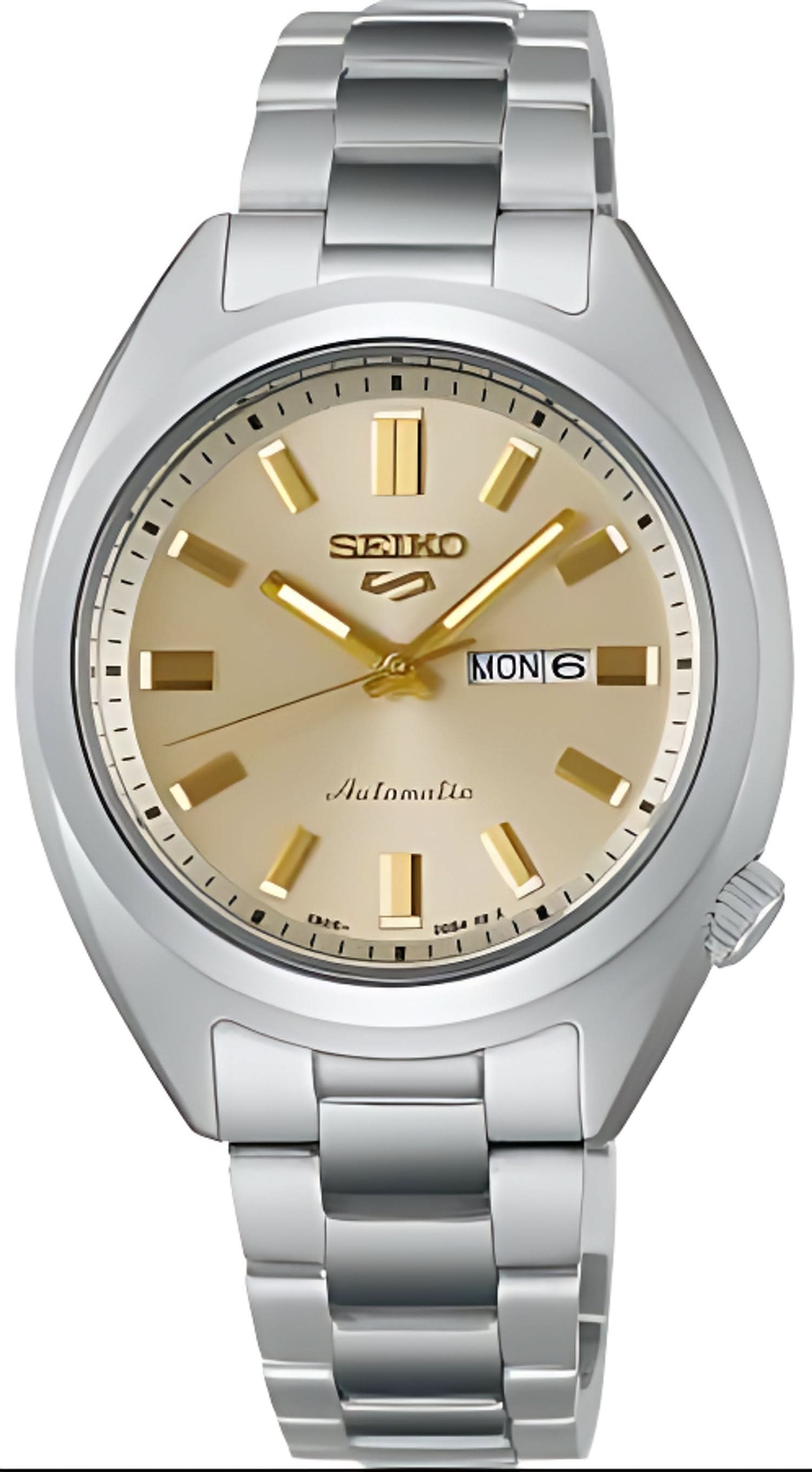 Montre pour femme avec bracelet en acier inoxydable, cadran beige, aiguilles dorées et affichage de la date
