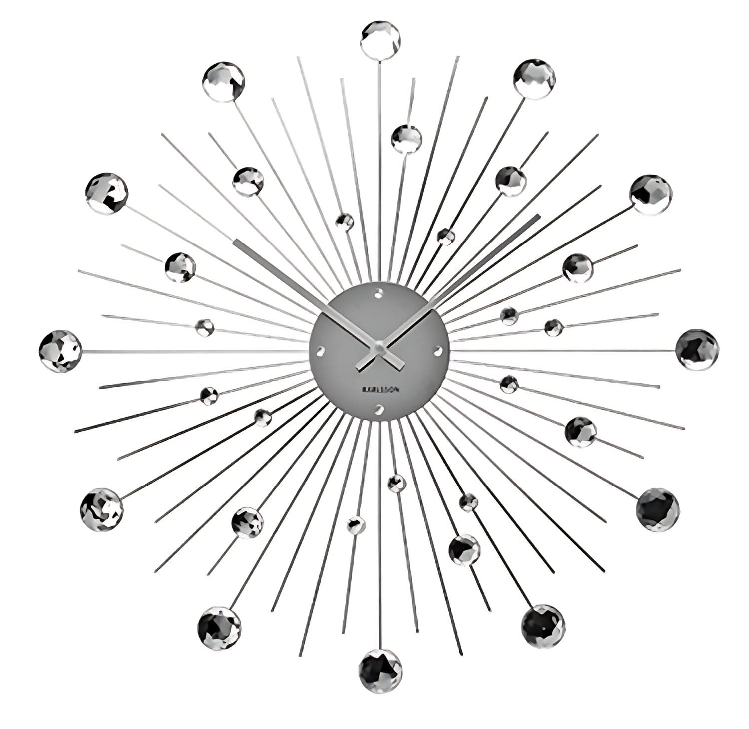 Horloge murale avec cadran rond gris et rayons ; billes argentées sur le cadre