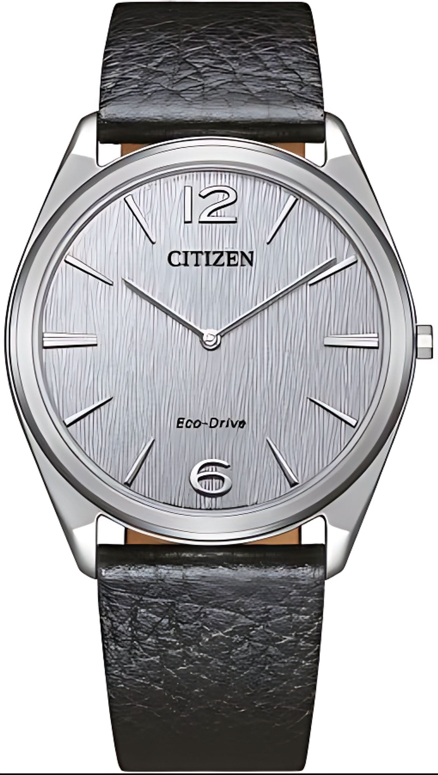 Montre homme avec bracelet en cuir noir, boîtier argenté et cadran gris argenté