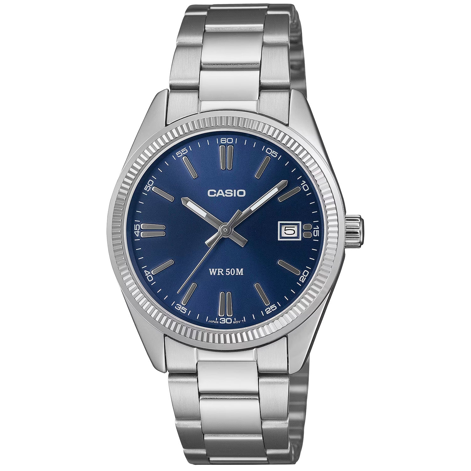 Casio Armbanduhr mit blauem Zifferblatt, Datumsanzeige, Edelstahlband und Mineralglas