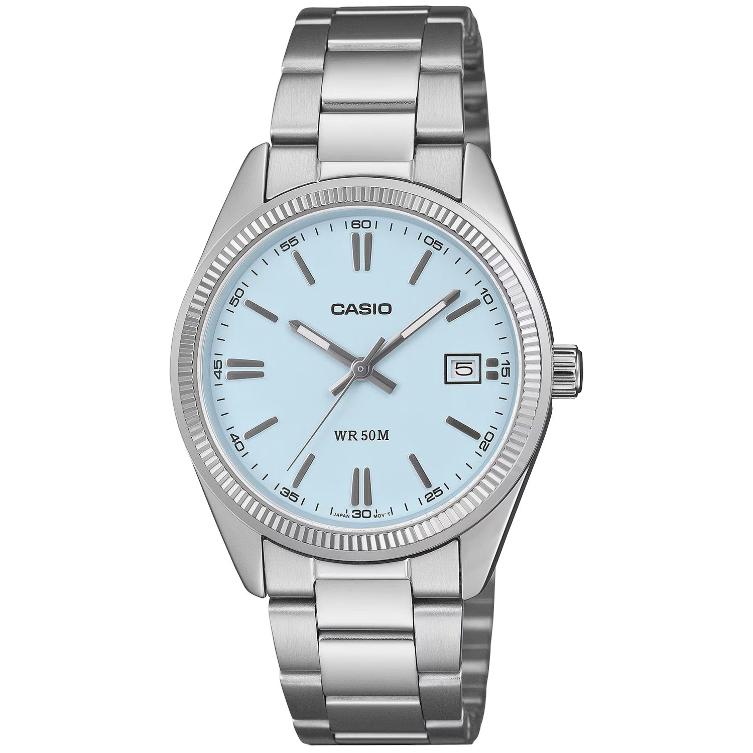 Casio Damenuhr mit blauem Zifferblatt, rundem Edelstahlgehäuse und Metallarmband