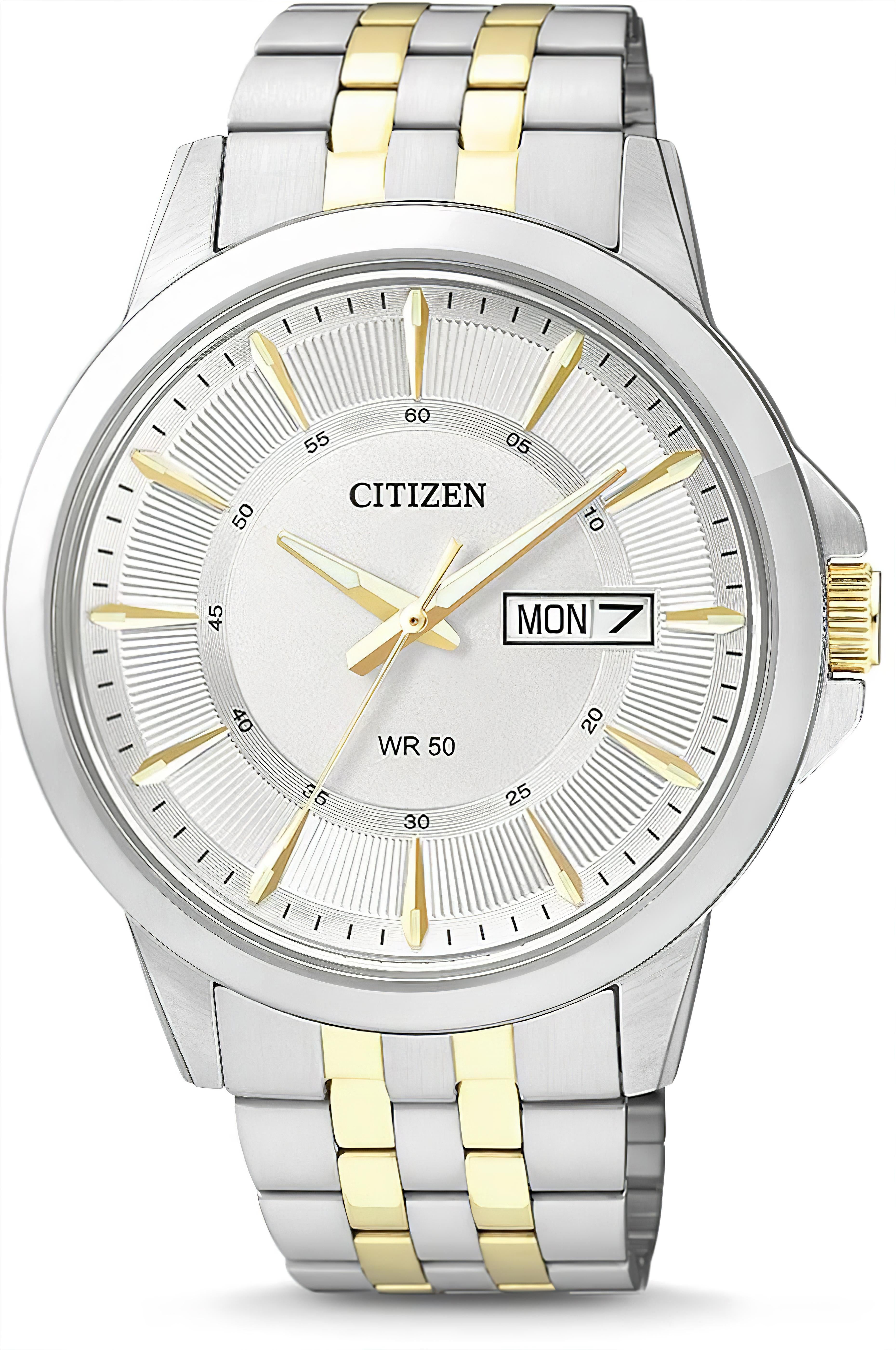 Edelstahl-Herrenarmbanduhr mit zweifarbigem Band, silbernem Zifferblatt und Datumsanzeige