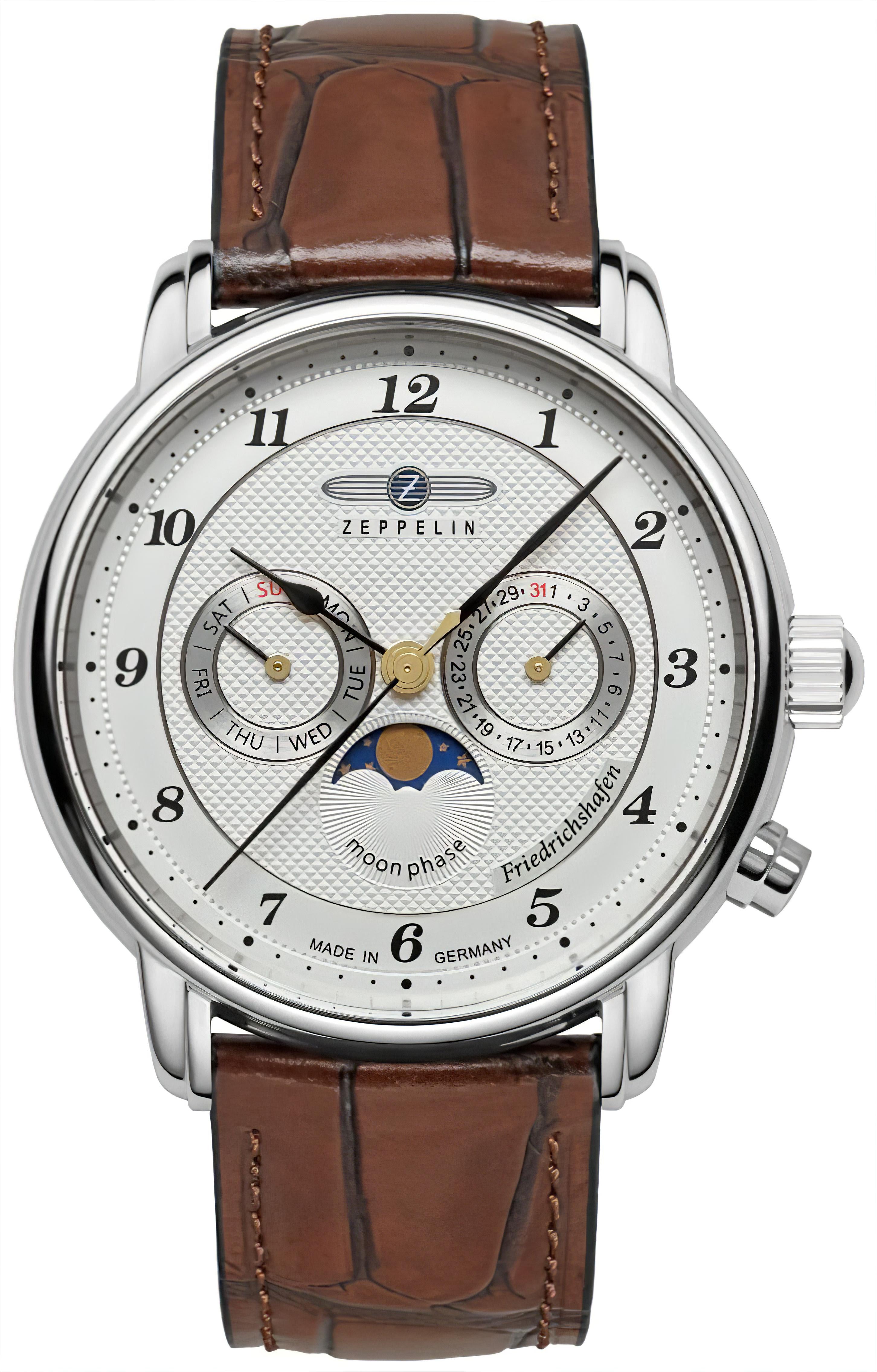 Herren-Uhr mit Mondphasenanzeige, silbernem Gehäuse und braunem Lederarmband