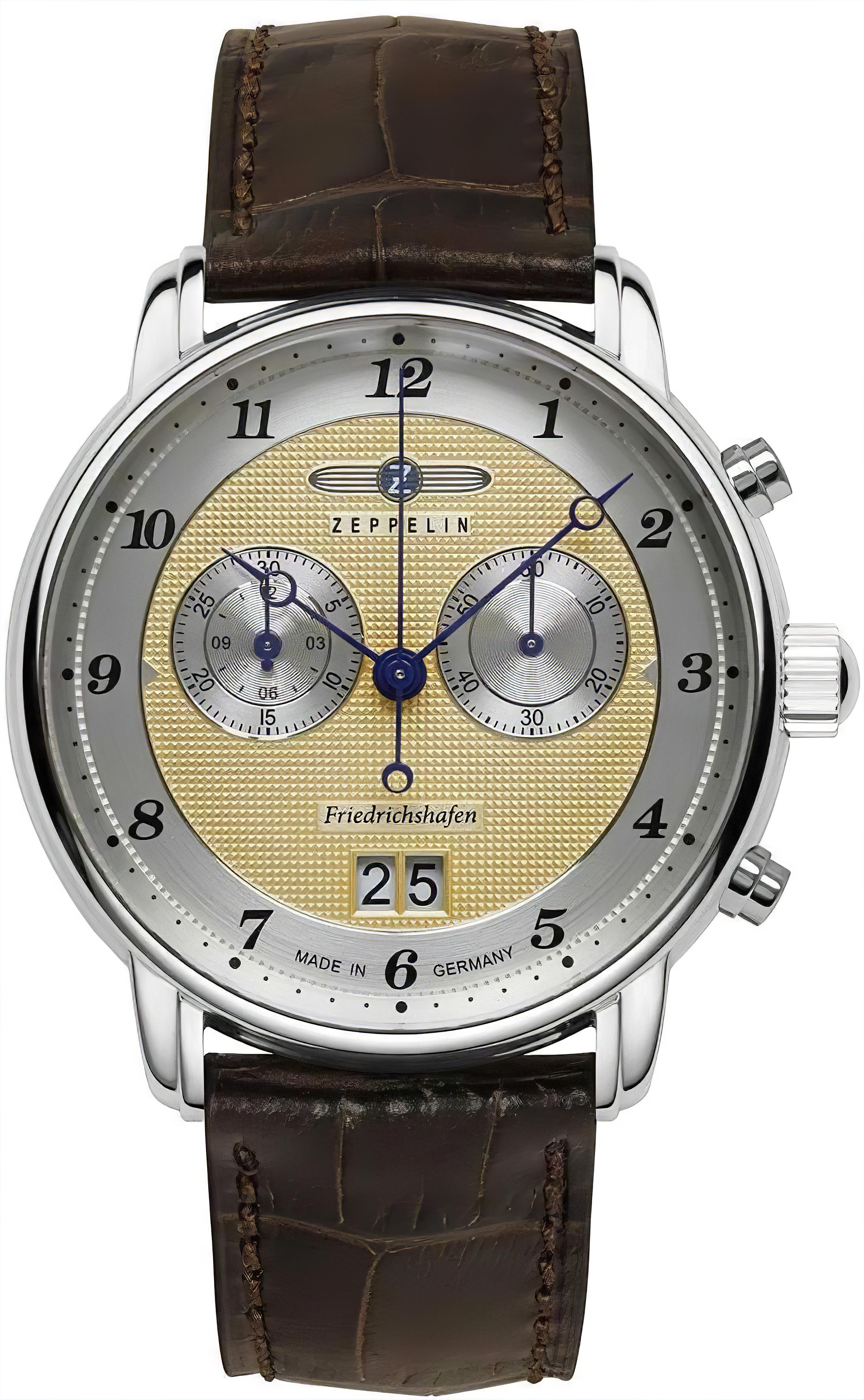 Zeppelin Herrenuhr mit braunem Lederarmband, rundem Metallgehäuse und beigem Zifferblatt