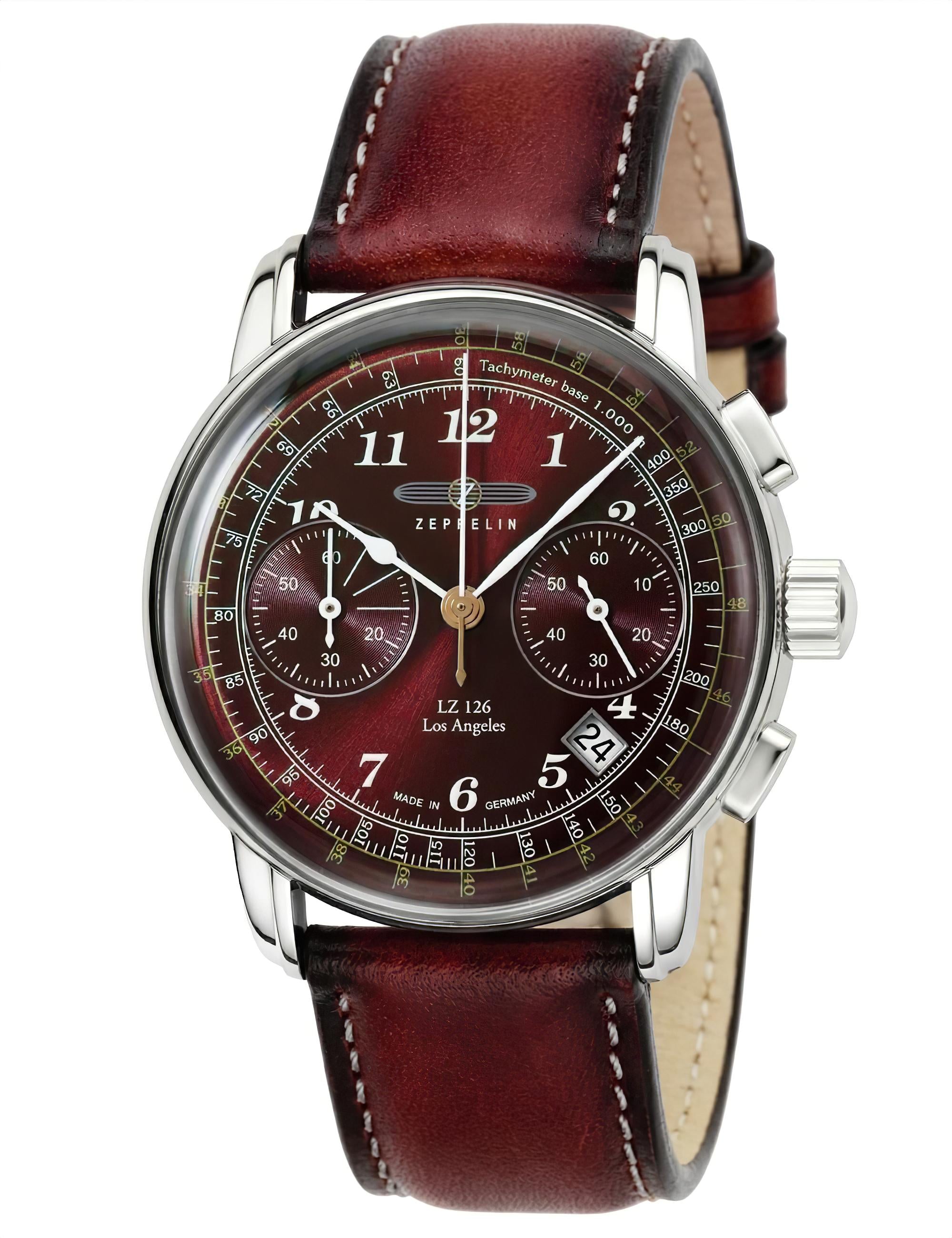 Herren-Chronograph Zeppelin LZ126 mit braunem Lederarmband, rundem Stahlgehäuse und rotem Zifferblatt