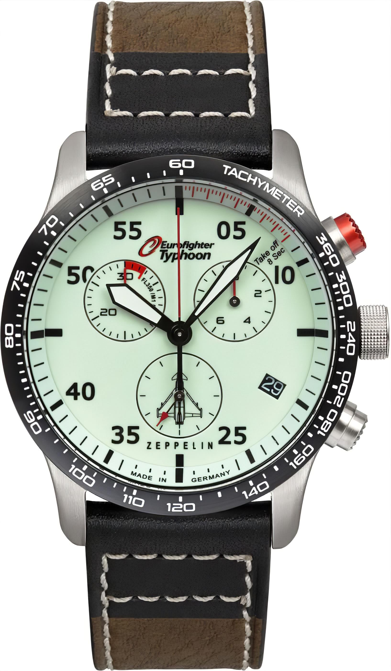 Herren-Chronograph mit hellgrünem Zifferblatt, Tachymeter-Lünette und braunem Lederband