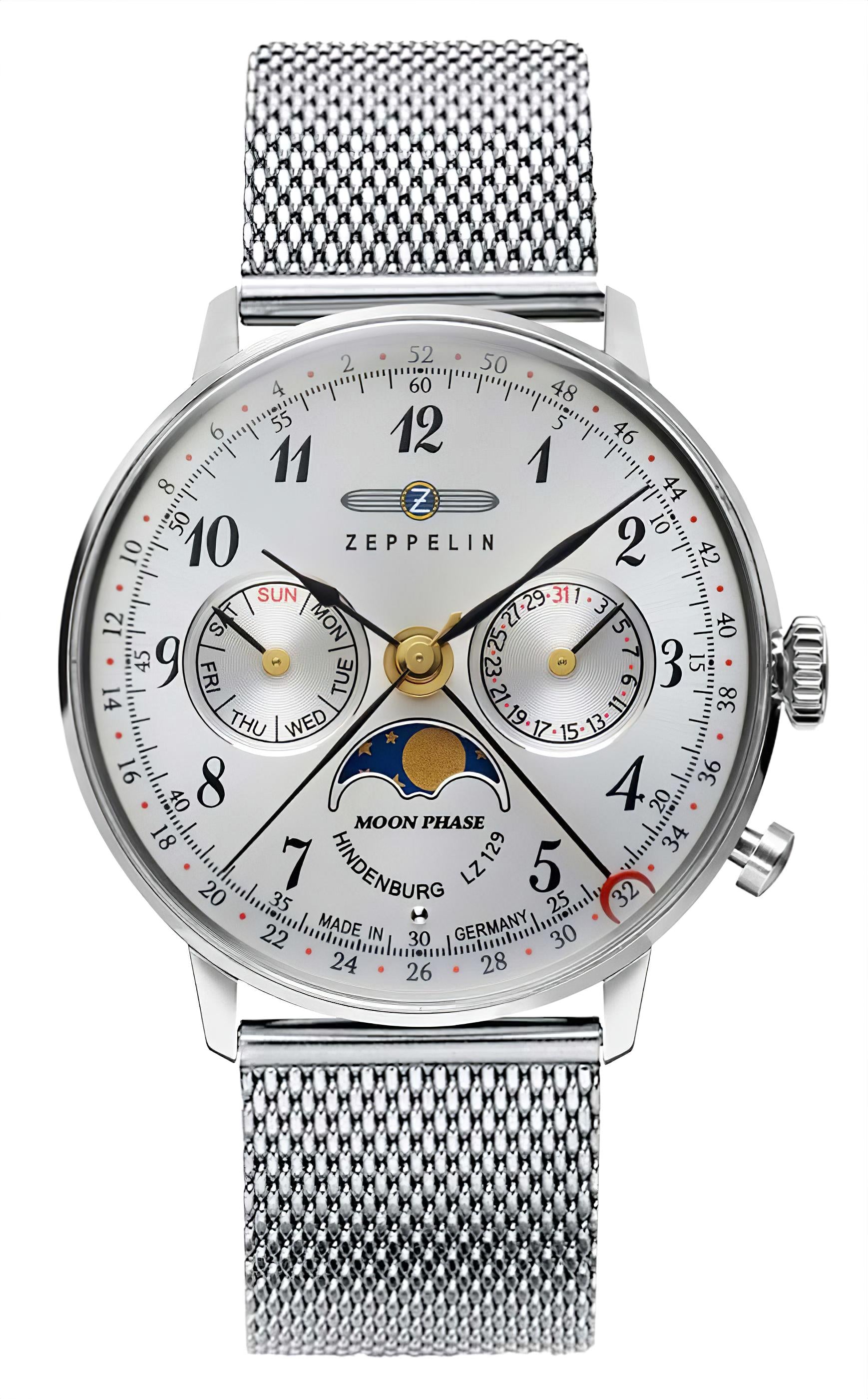 Damenarmbanduhr Zeppelin mit Mondphasenanzeige, silberfarbenes Mesh-Armband, rundes Zifferblatt