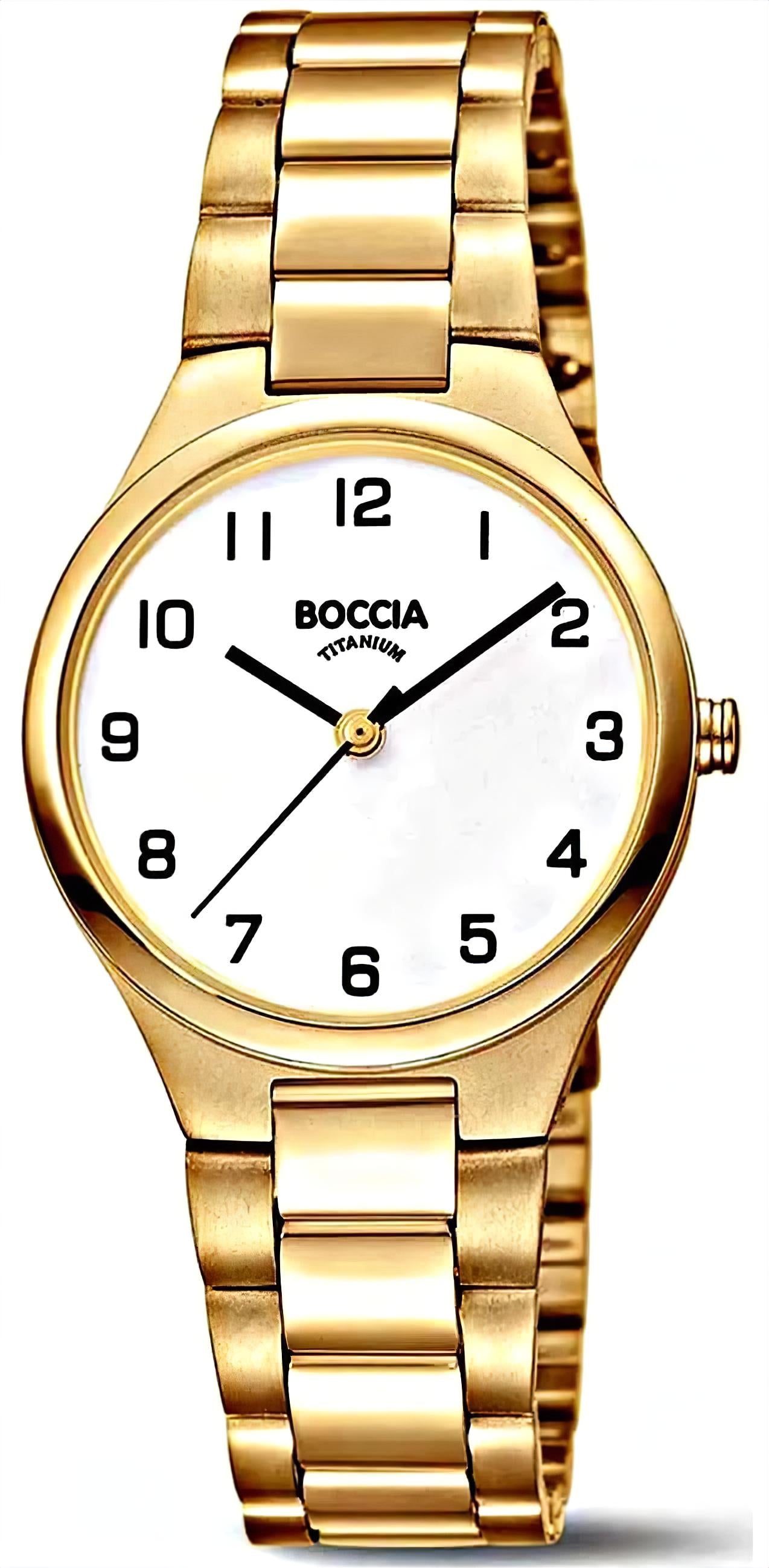 Boccia Damenuhr mit goldfarbenem Metallarmband, rundem weißem Zifferblatt und römischen Ziffern