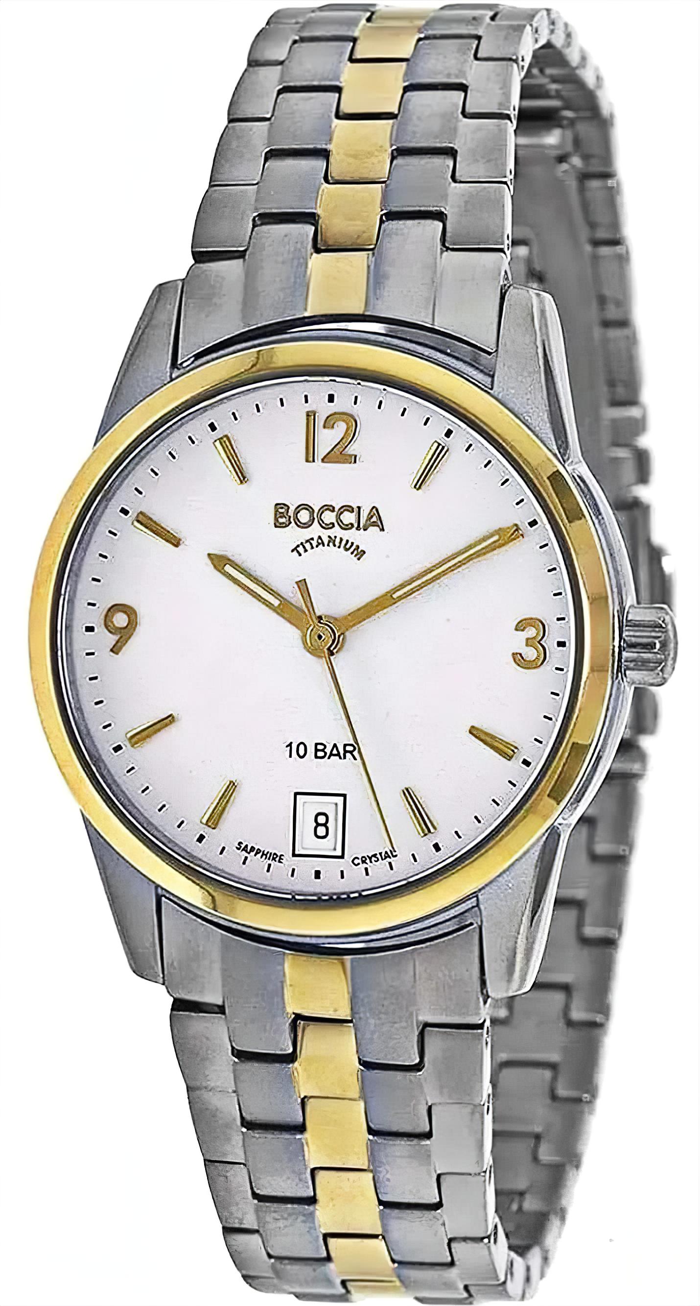 Boccia Damenuhr mit zweifarbigem Metallarmband und weißem Zifferblatt, Saphirglas
